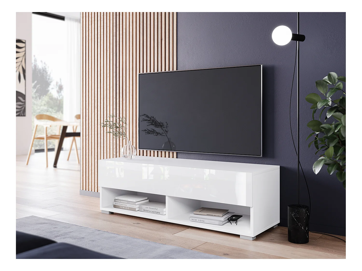 Moderne TV-kast 100 cm – greeploos, corpus wit mat, fronten wit hoogglans, staand of hangend