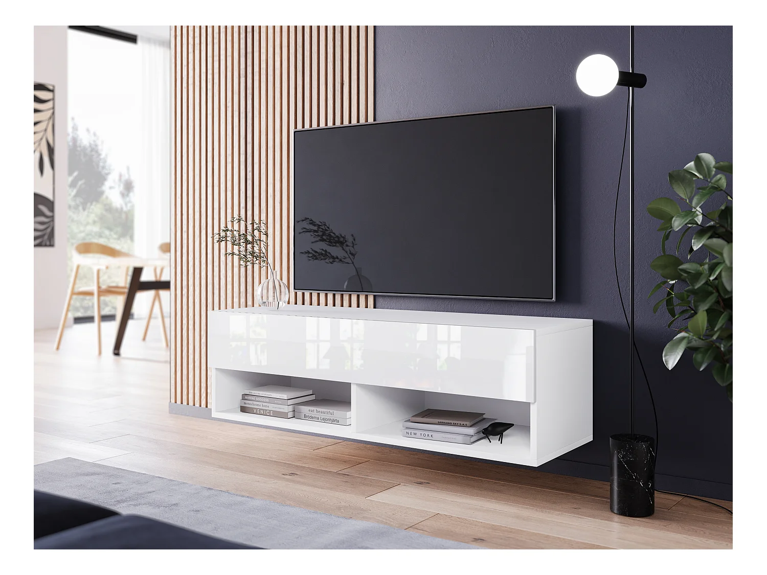 Meuble TV moderne 100 cm – sans poignées, corps blanc mat, façades blanc brillant, posé ou suspendu