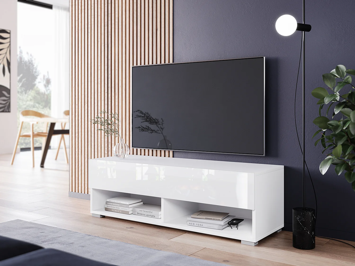 Meuble TV moderne 100 cm – sans poignées, corps blanc mat, façades blanc brillant, posé ou suspendu