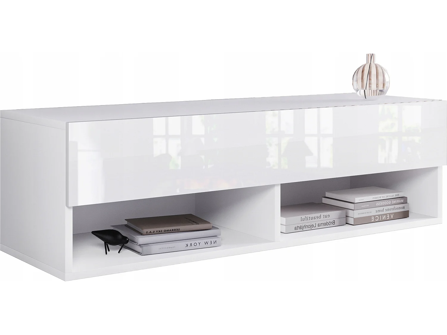 TV-Lowboard A 100 cm, Fernsehschrank, Wohnzimmermöbel, ohne LED-Beleuchtung, Farbe Weiß/Weiß Glanz