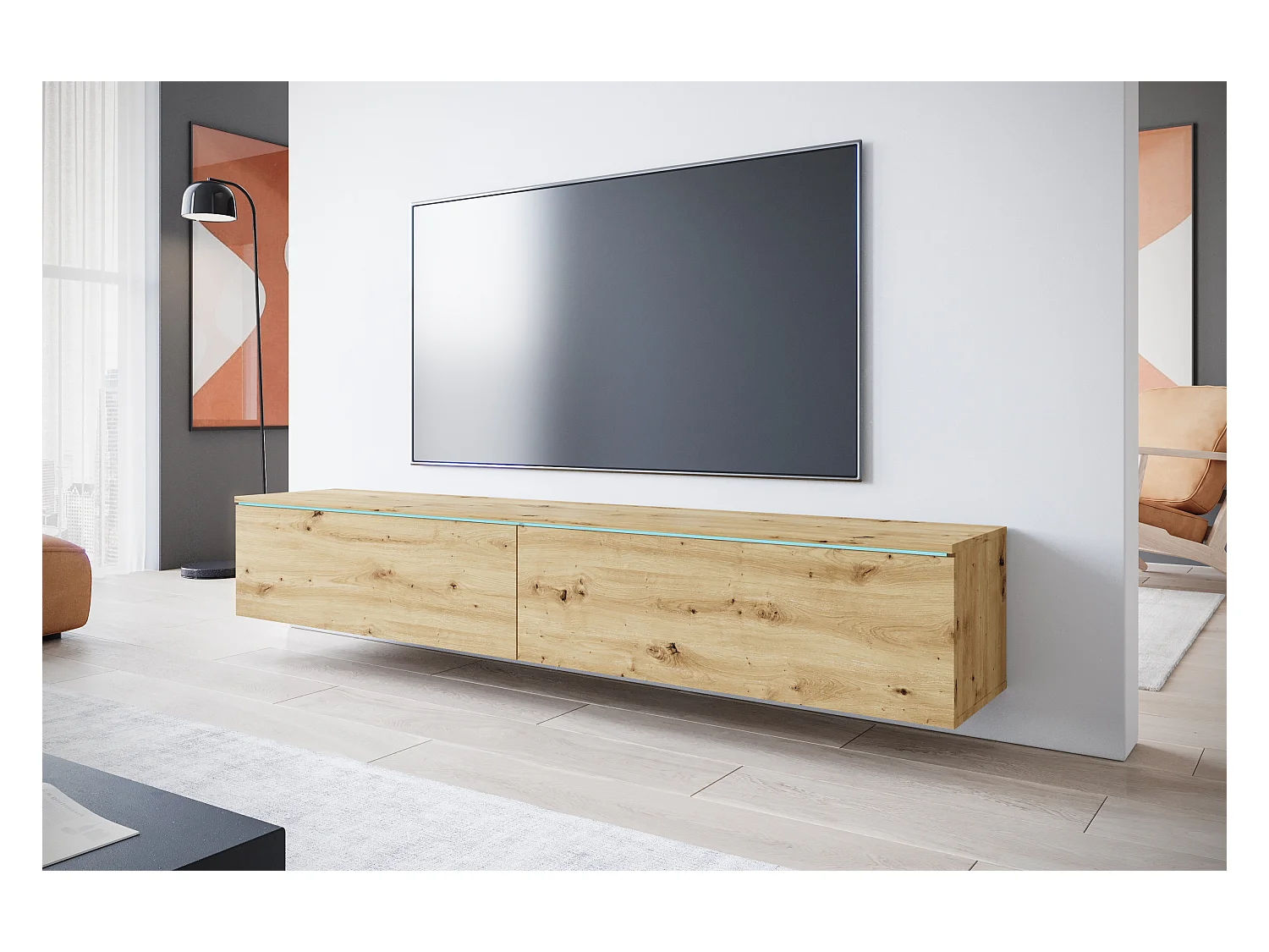 Moderne tv-meubel 180 cm voor de woonkamer – 2-deurs, greeploos, matte afwerking, staand of hangend, artisan eik