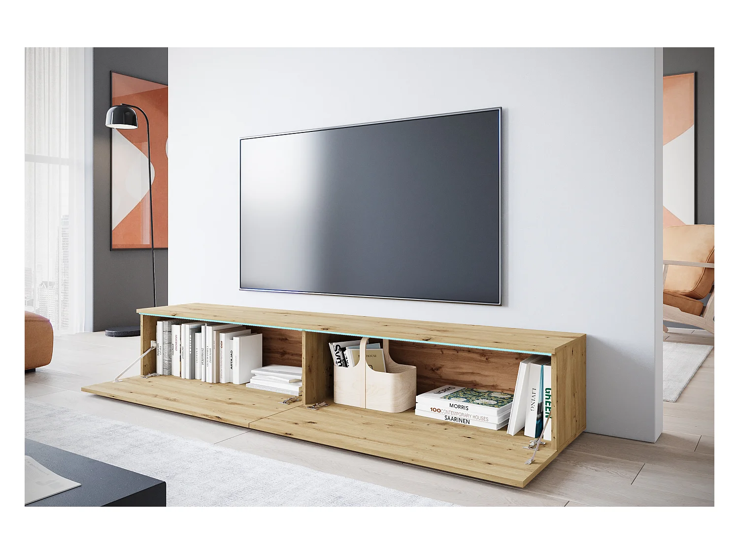 Moderne tv-meubel 180 cm voor de woonkamer – 2-deurs, greeploos, matte afwerking, staand of hangend, artisan eik