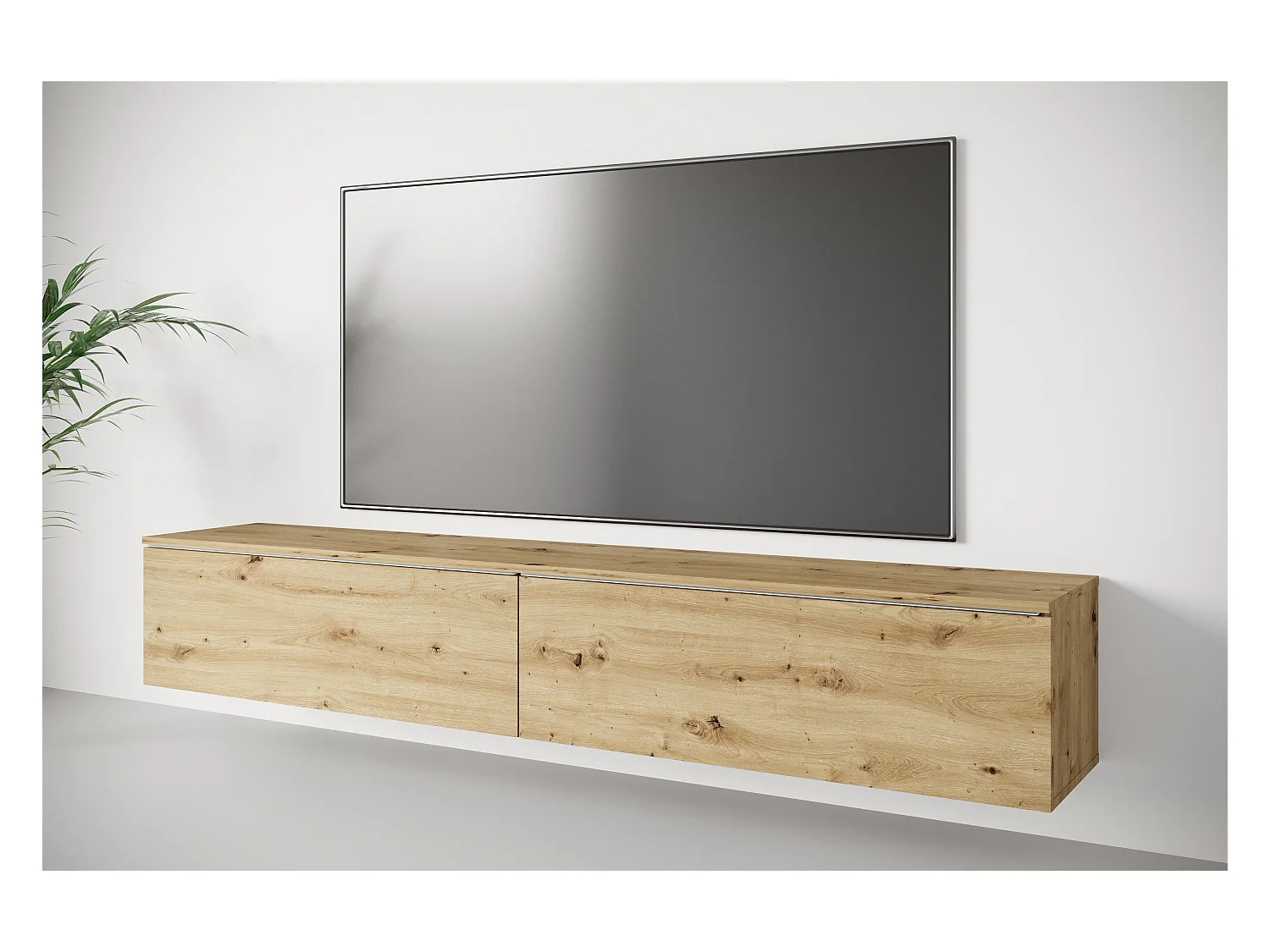 Meuble TV moderne 180 cm pour salon – 2 portes, sans poignées, finition mate, à poser ou à suspendre, chêne artisan