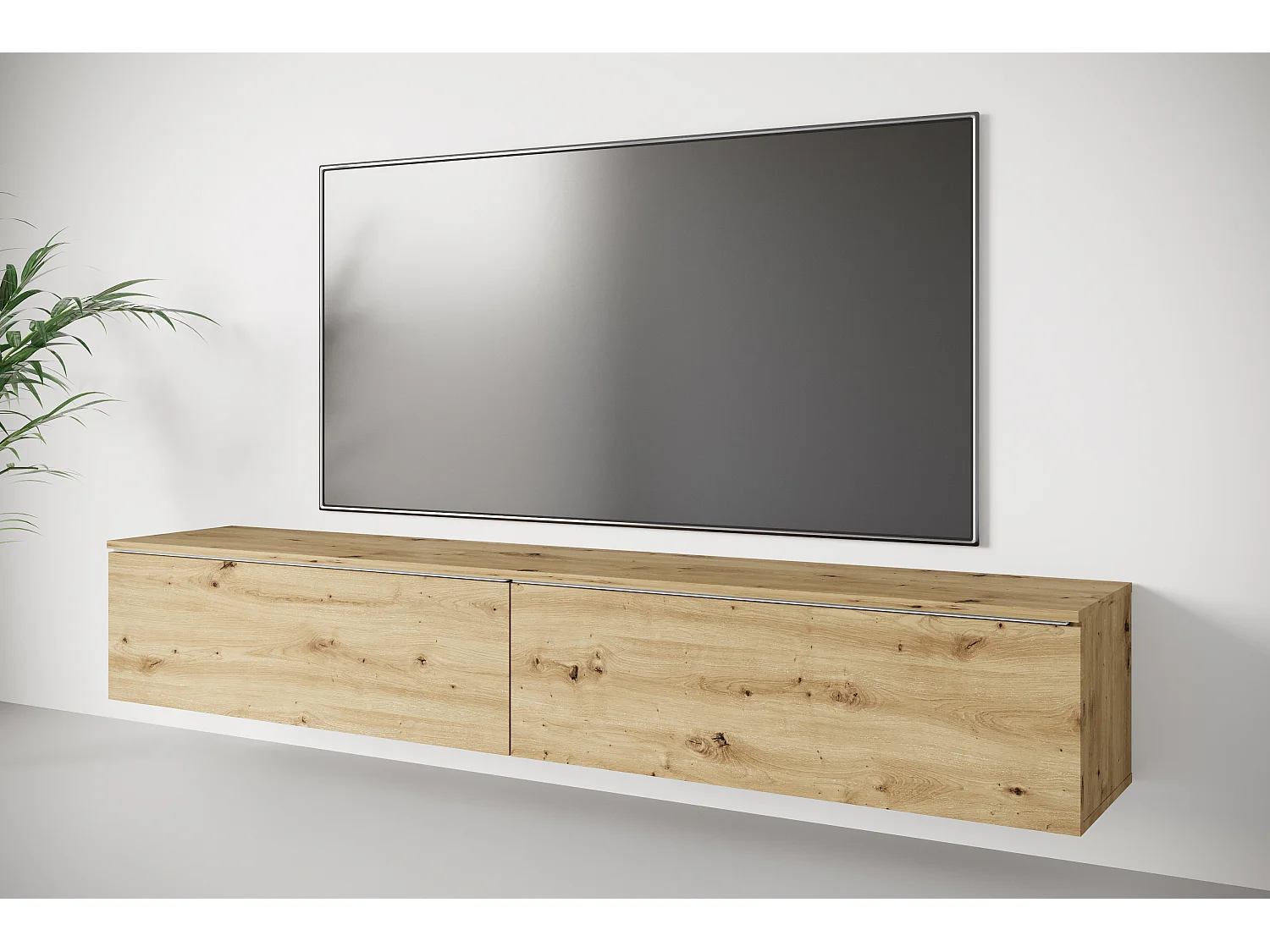 Meuble TV moderne 180 cm pour salon – 2 portes, sans poignées, finition mate, à poser ou à suspendre, chêne artisan