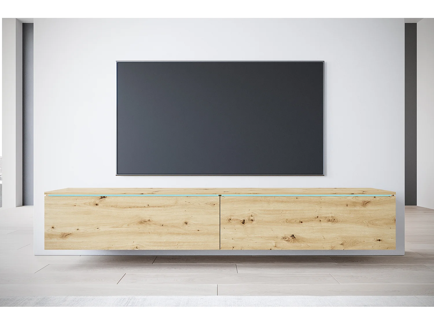 Meuble TV moderne 180 cm pour salon – 2 portes, sans poignées, finition mate, à poser ou à suspendre, chêne artisan