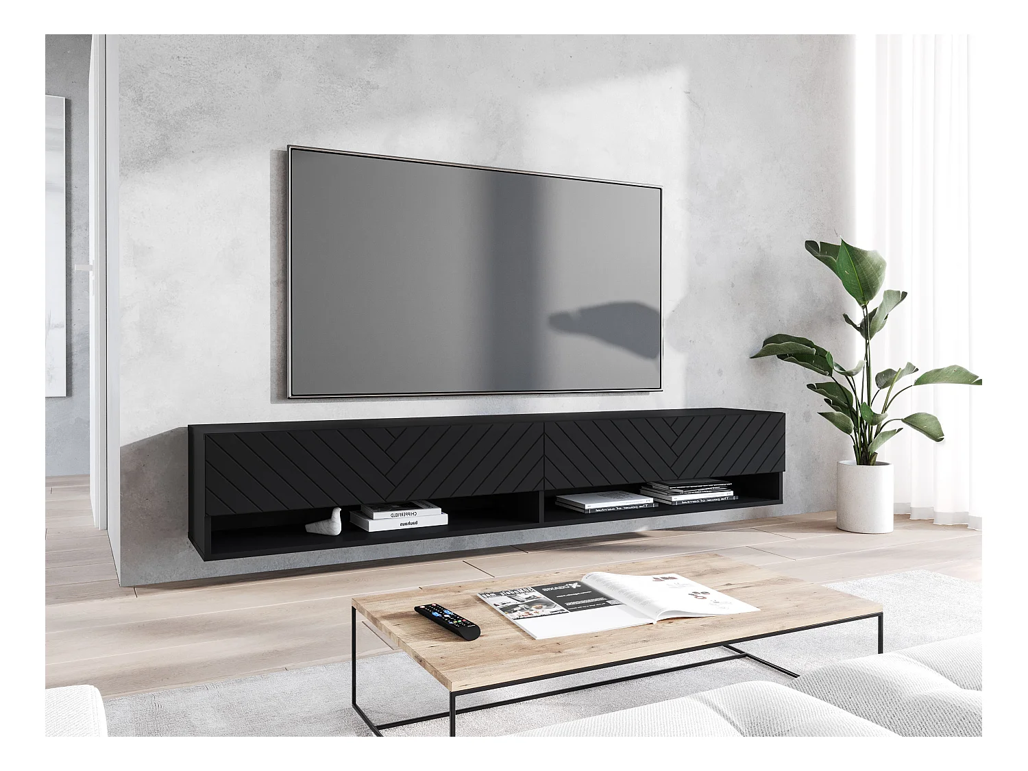 Meuble TV moderne 180 cm – corps mat, façades MDF motif chevrons, sans poignées, posé ou suspendu, couleur graphite noir mat