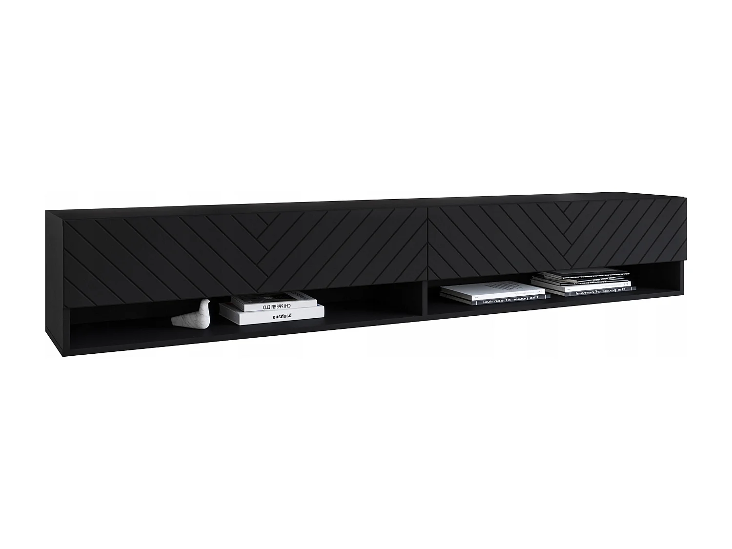 TV-Lowboard A 180 cm, Fernsehschrank, Wohnzimmermöbel, ohne LED-Beleuchtung, Farbe Schwarz Fischgrätenmuster