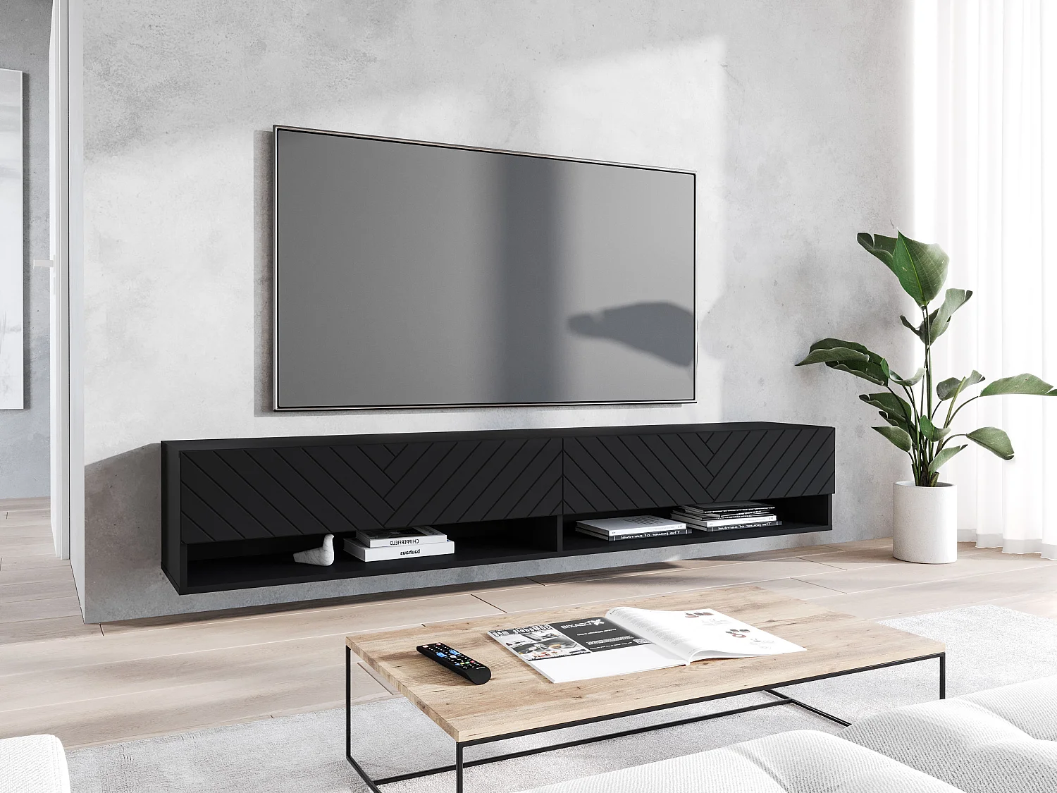 TV-Lowboard A 180 cm, Fernsehschrank, Wohnzimmermöbel, ohne LED-Beleuchtung, Farbe Schwarz Fischgrätenmuster
