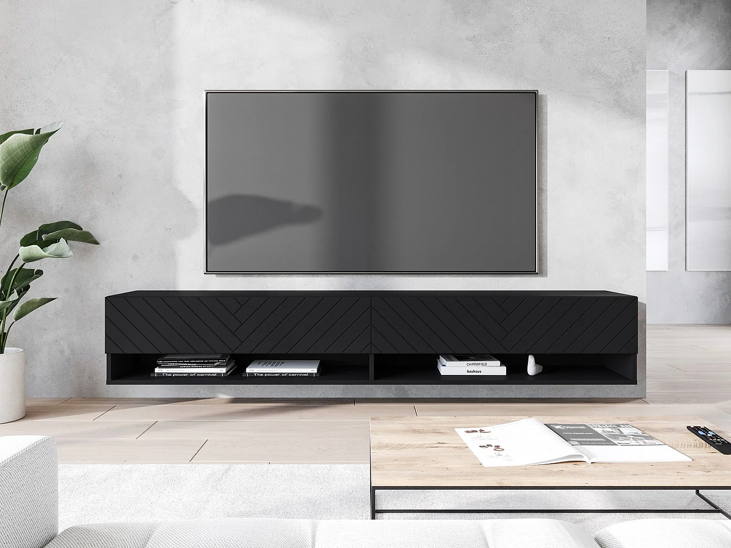 TV-Lowboard A 180 cm, Fernsehschrank, Wohnzimmermöbel, ohne LED-Beleuchtung, Farbe Schwarz Fischgrätenmuster