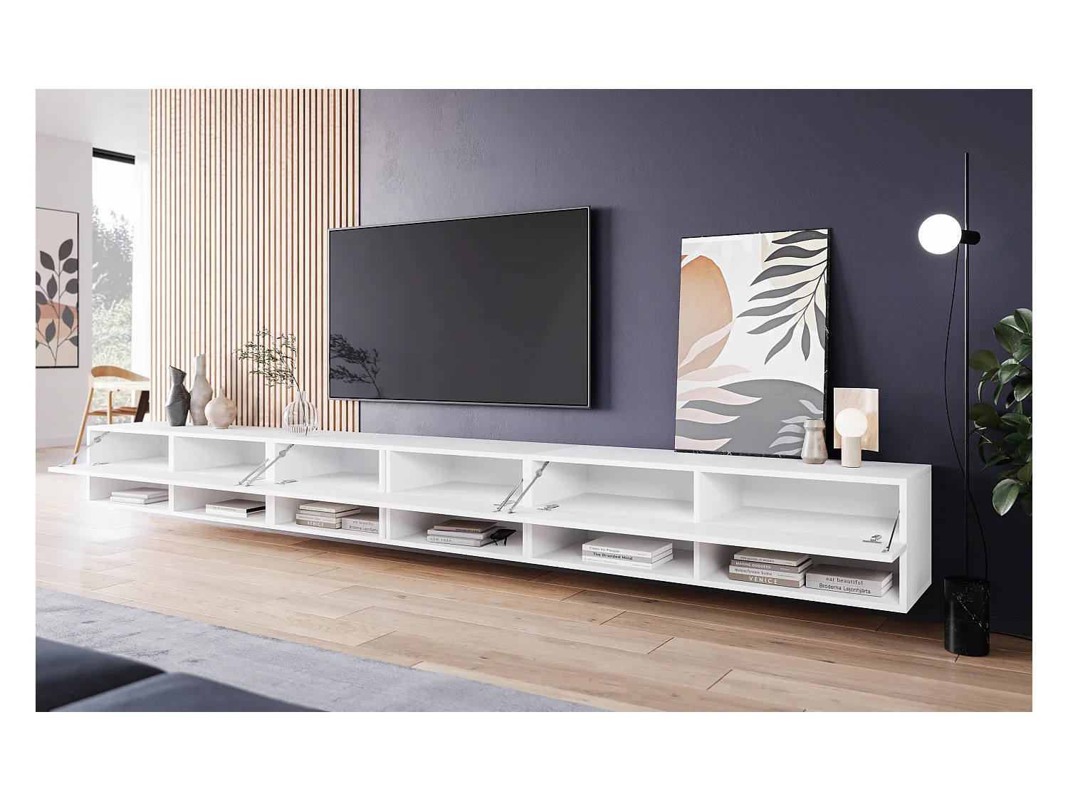Mueble de TV moderno 300 cm – sin tiradores, cuerpo blanco mate, frentes blanco brillo, de pie o colgado