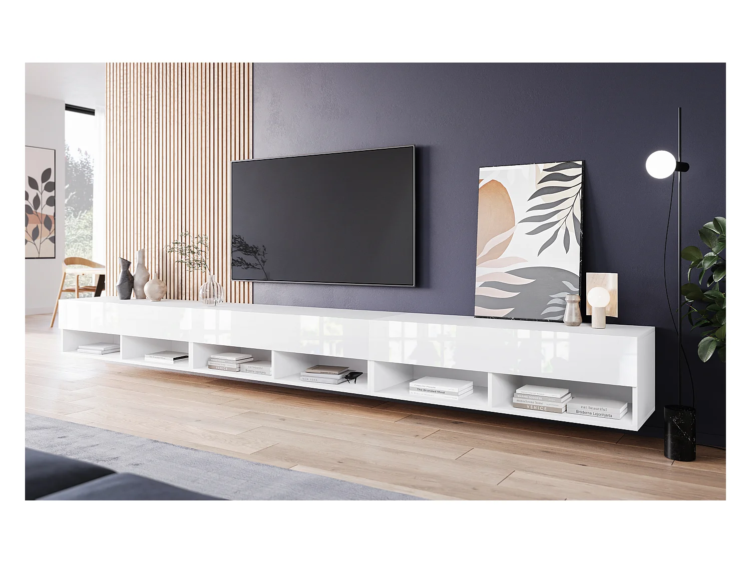 Meuble TV moderne 300 cm – sans poignées, corps blanc mat, façades blanc brillant, posé ou suspendu
