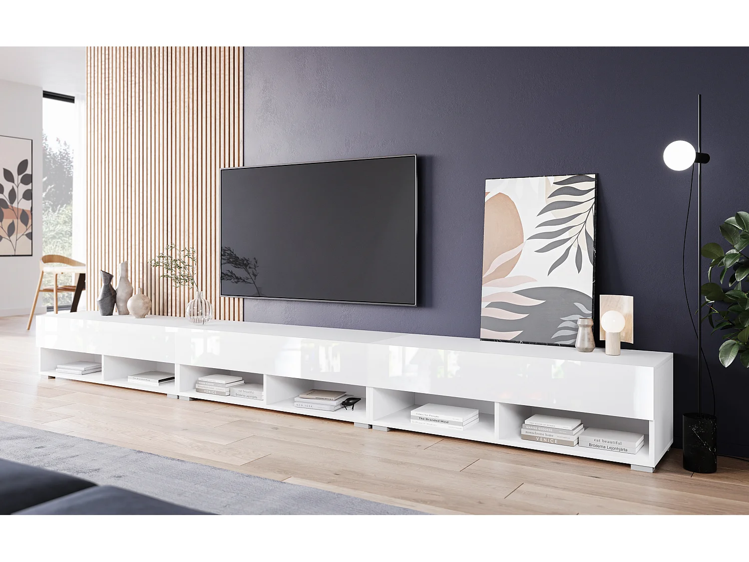 Meuble TV moderne 300 cm – sans poignées, corps blanc mat, façades blanc brillant, posé ou suspendu