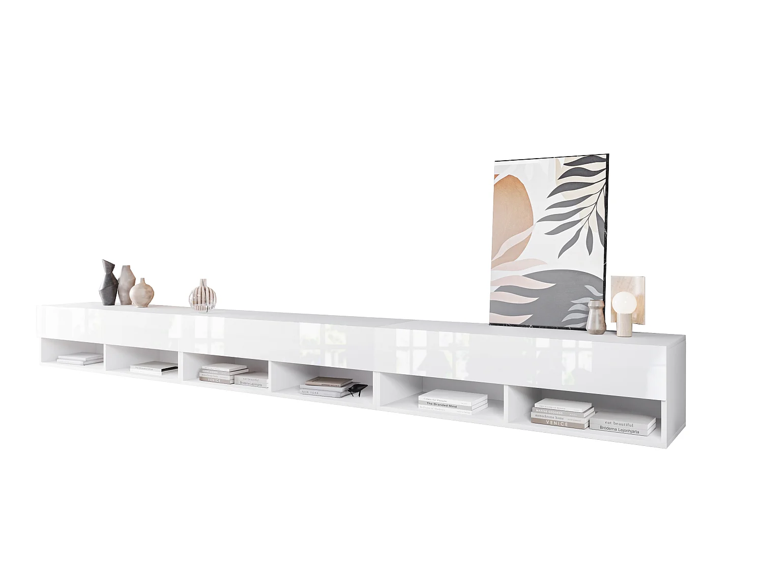 TV-bänk LOWBOARD A 300 cm, TV-möbel, vardagsrumsmöbel, utan LED-belysning, färg vit/vit högglans