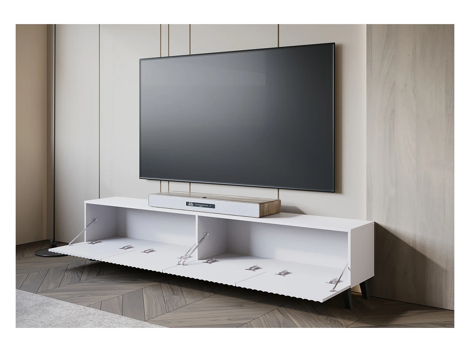 Nowoczesna szafka RTV 190 cm biały na nóżkach do salonu, fronty MDF frezowane w szerokie ryfle