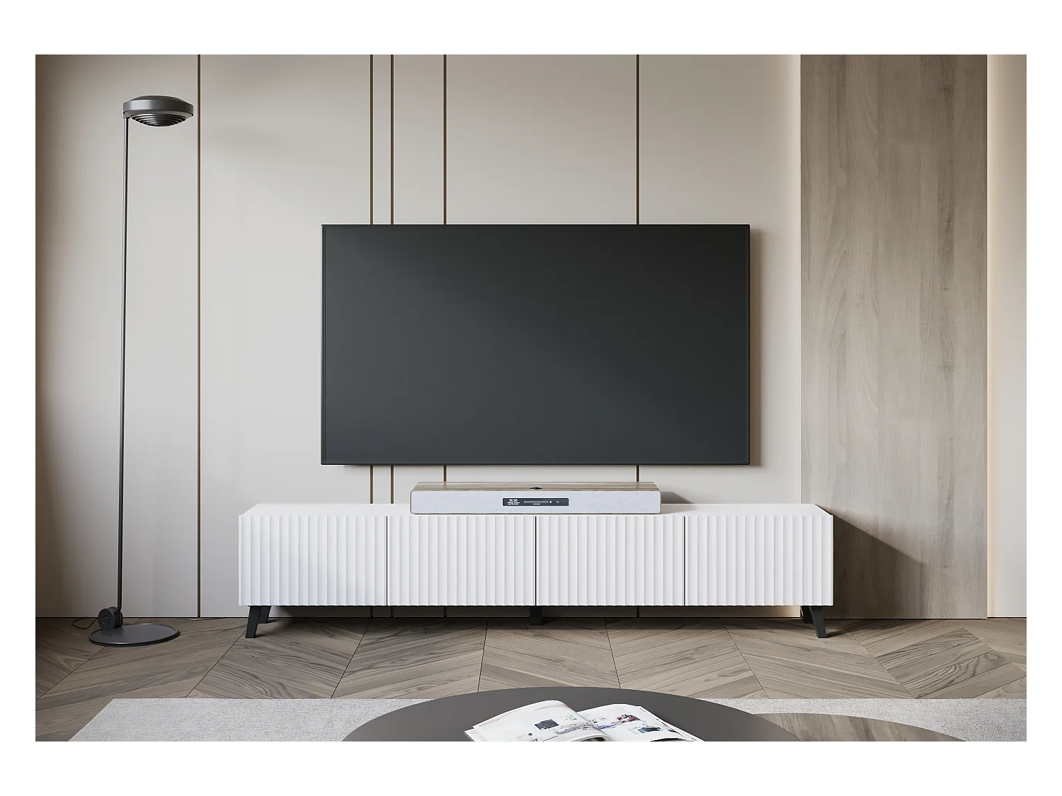 Nowoczesna szafka RTV 190 cm biały na nóżkach do salonu, fronty MDF frezowane w szerokie ryfle