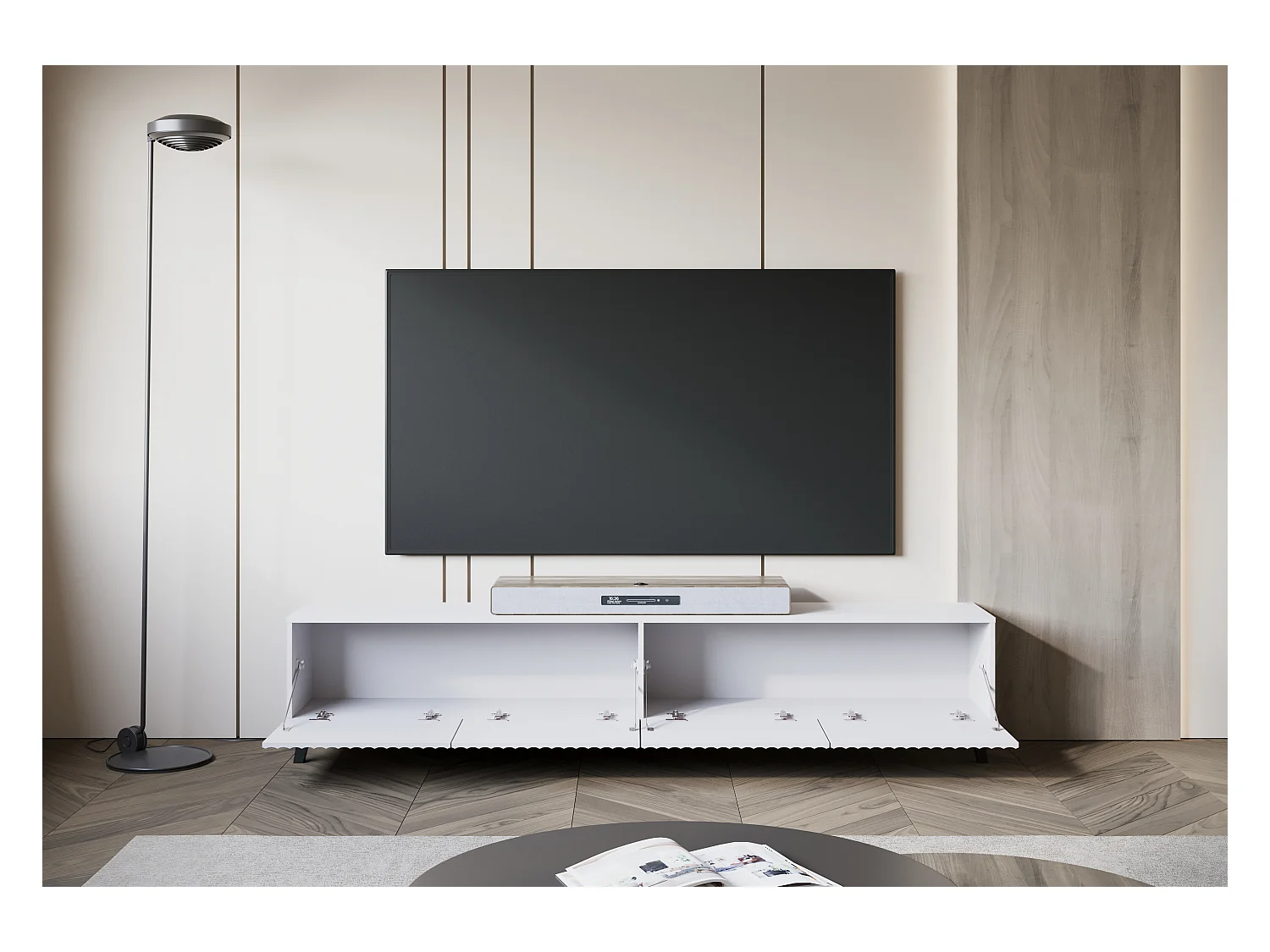 Nowoczesna szafka RTV 190 cm biały na nóżkach do salonu, fronty MDF frezowane w szerokie ryfle