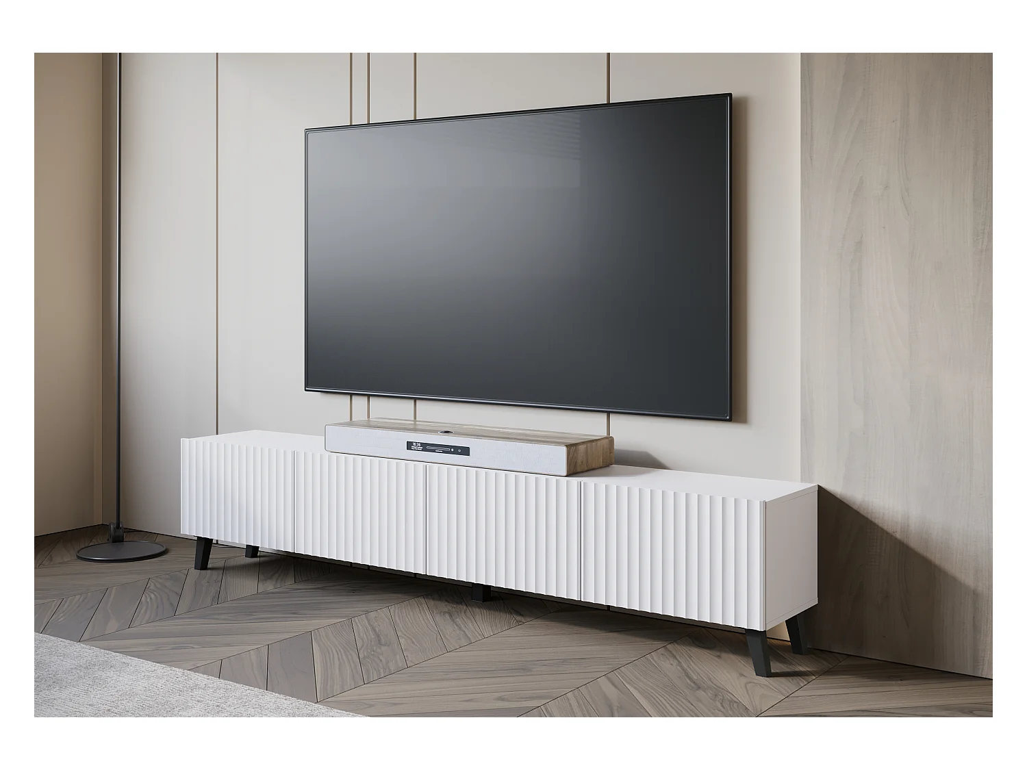 Meuble TV moderne 190 cm blanc sur pieds pour salon, façades MDF rainurées larges rainures