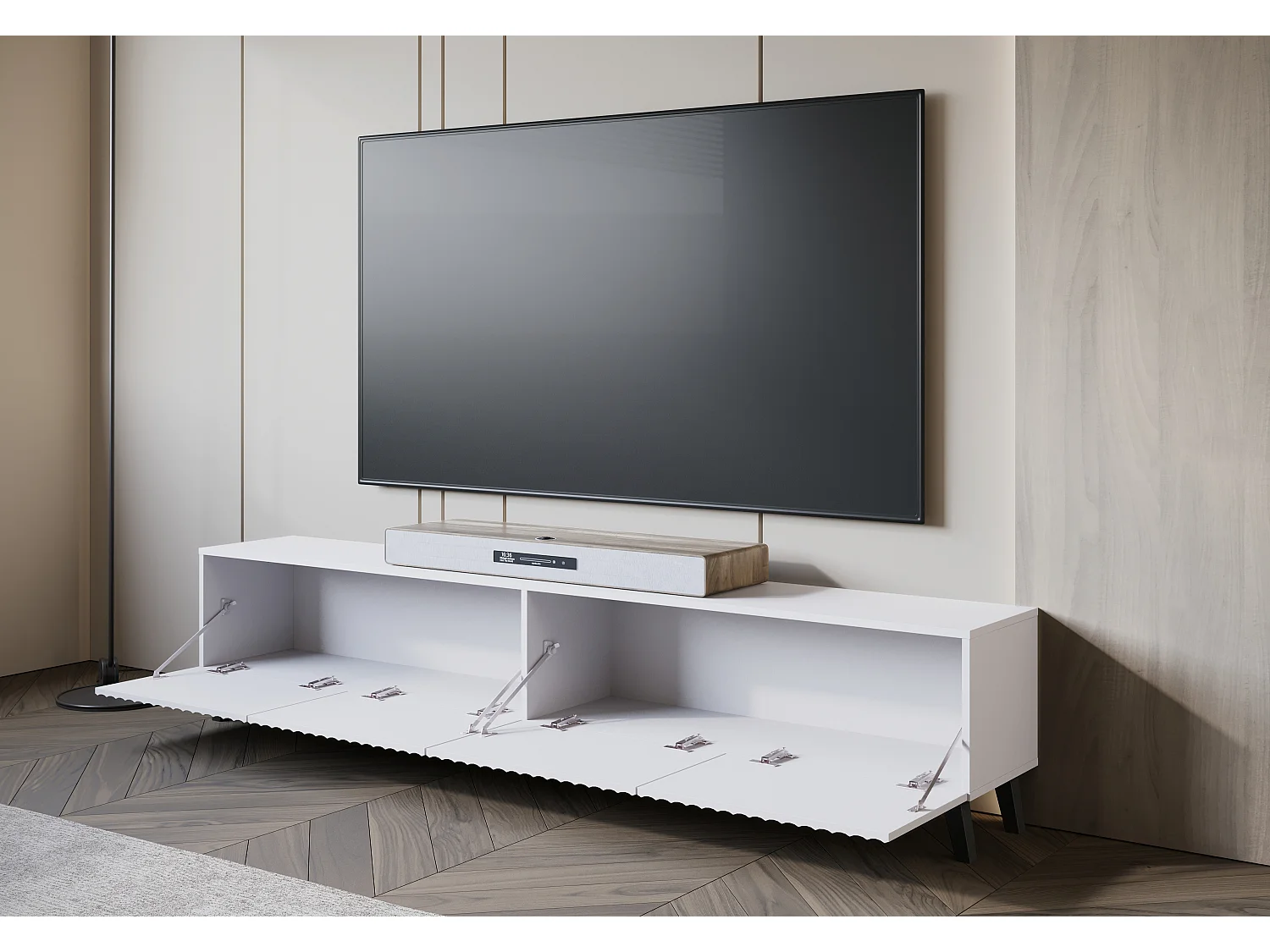 Meuble TV moderne 190 cm blanc sur pieds pour salon, façades MDF rainurées larges rainures
