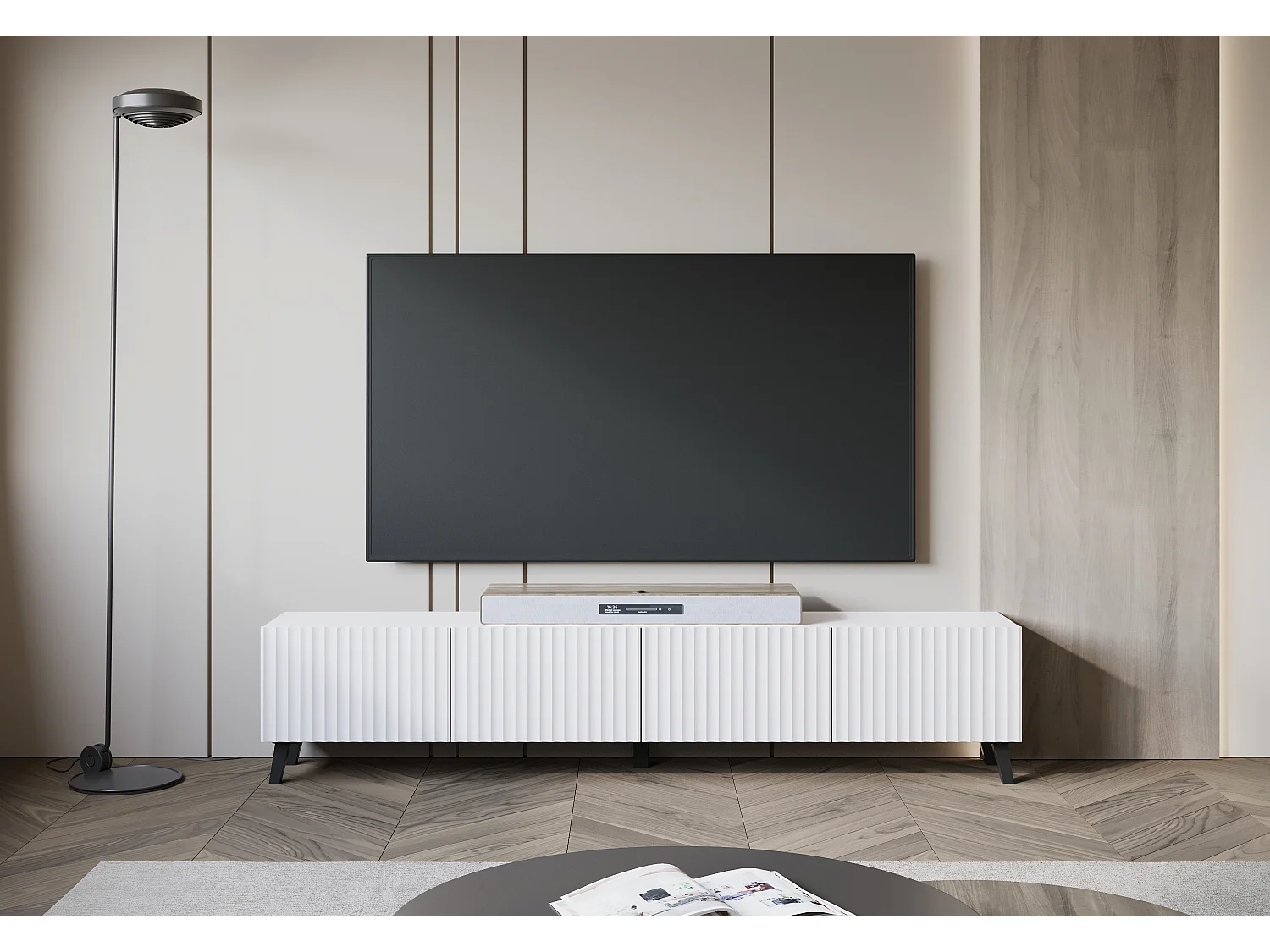 Meuble TV moderne 190 cm blanc sur pieds pour salon, façades MDF rainurées larges rainures