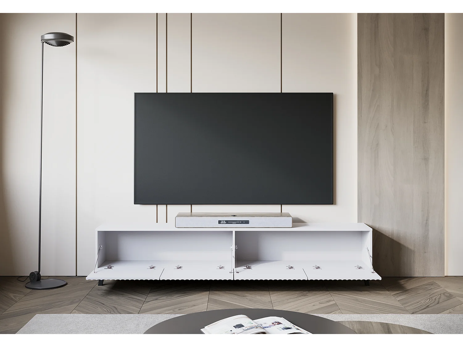 Meuble TV moderne 190 cm blanc sur pieds pour salon, façades MDF rainurées larges rainures