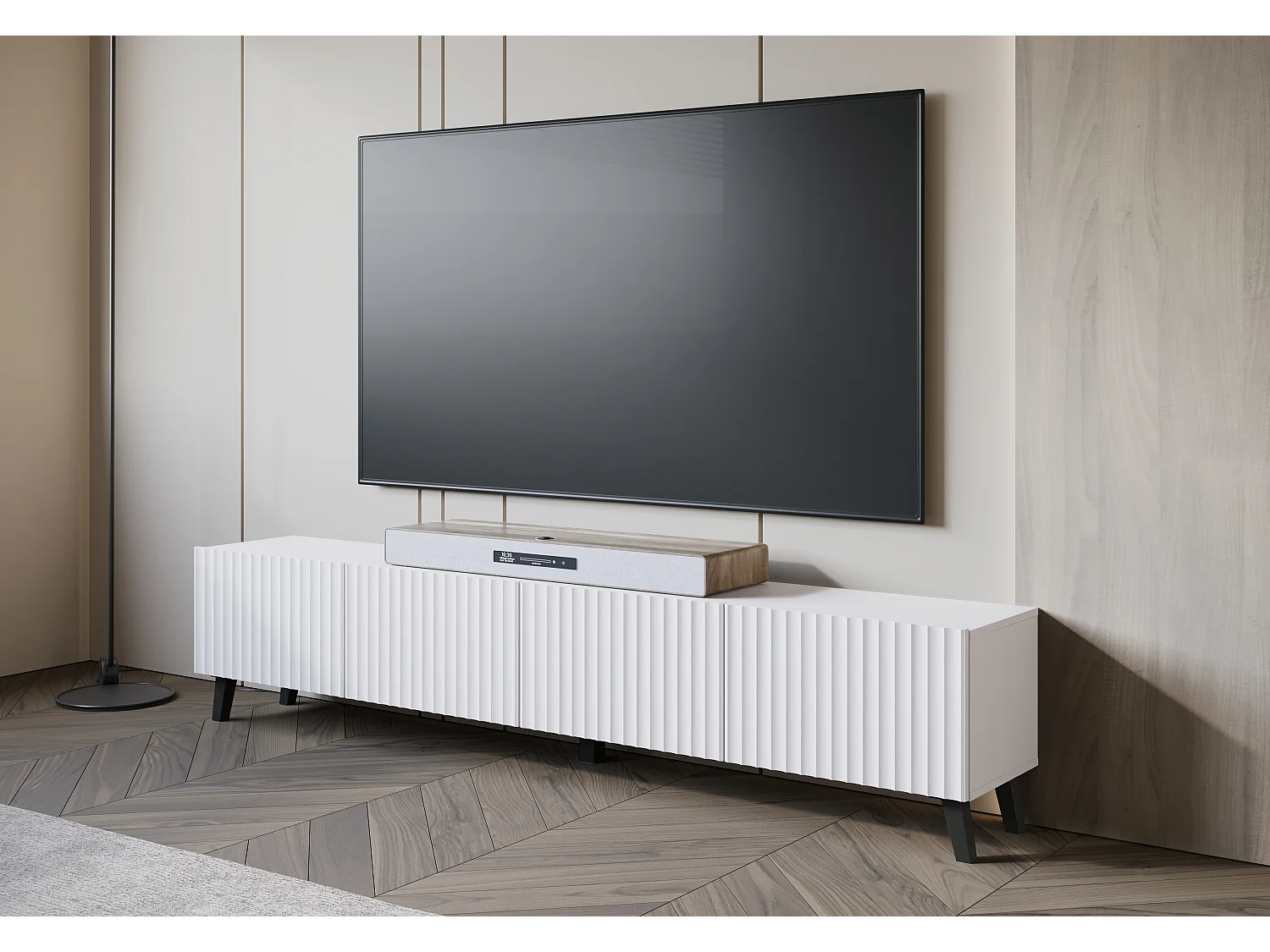 TV-Möbel PHUKET 190 cm, Fernsehschrank auf Füßen, Sideboard für Wohnzimmer, Farbe Weiß gewellt