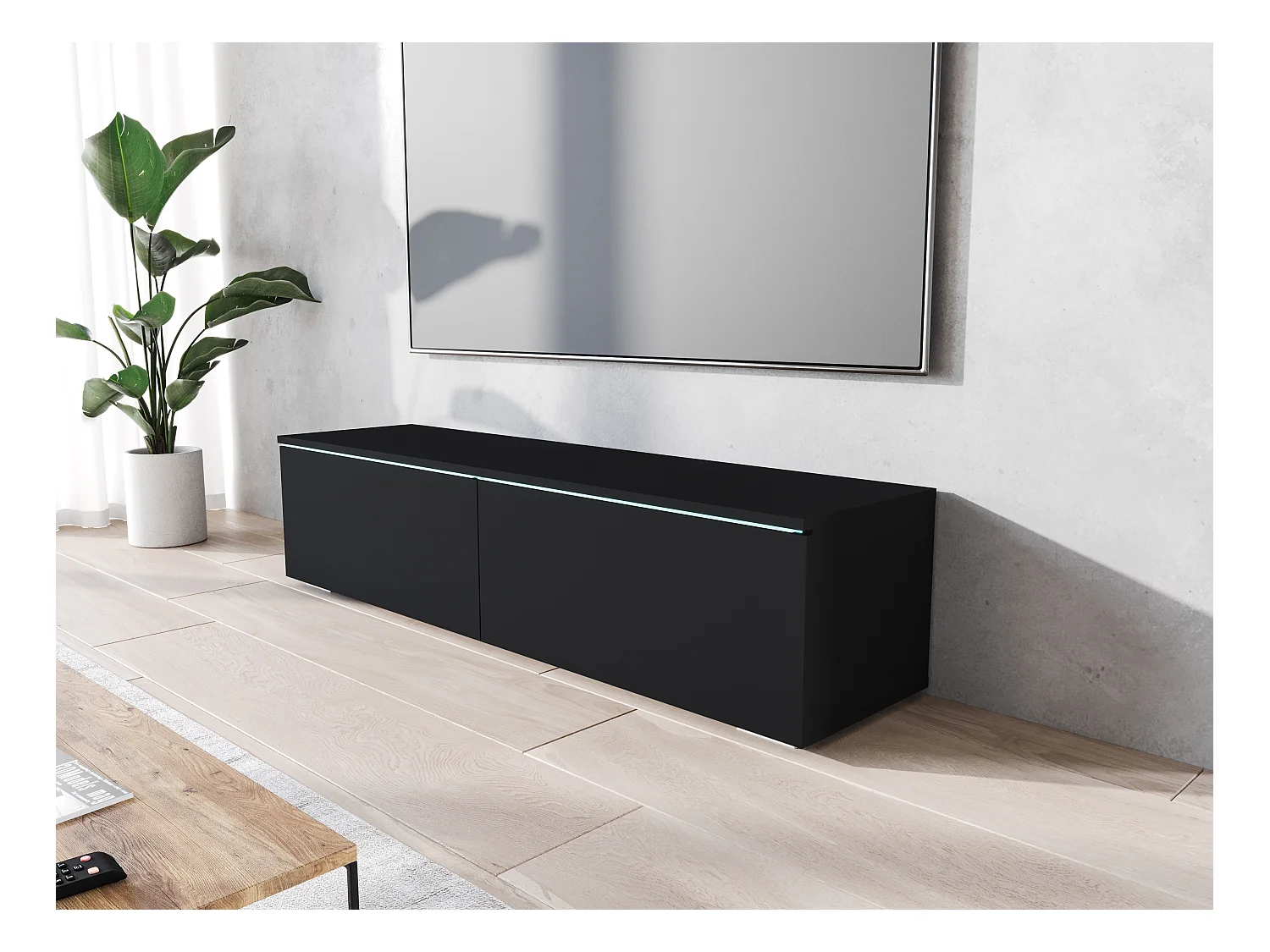 Meuble TV moderne 140 cm pour salon – 2 portes sans poignées, graphite noir mat, posé ou suspendu