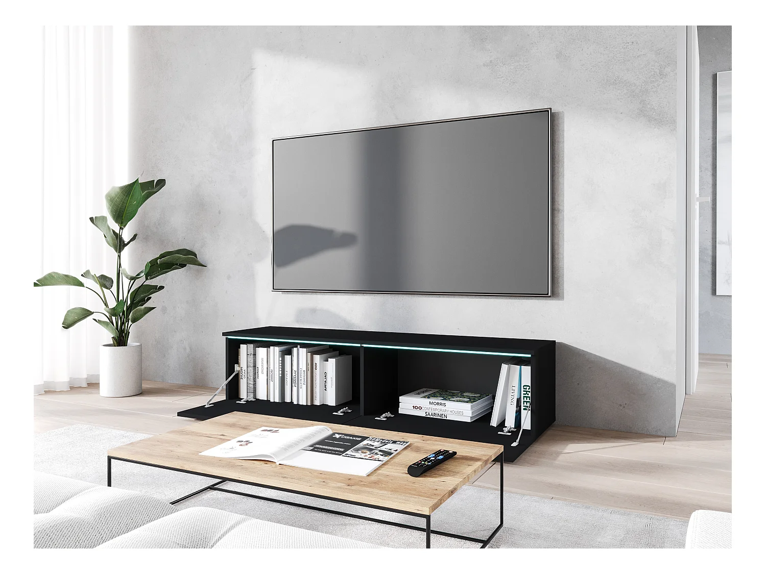 Meuble TV moderne 140 cm pour salon – 2 portes sans poignées, graphite noir mat, posé ou suspendu
