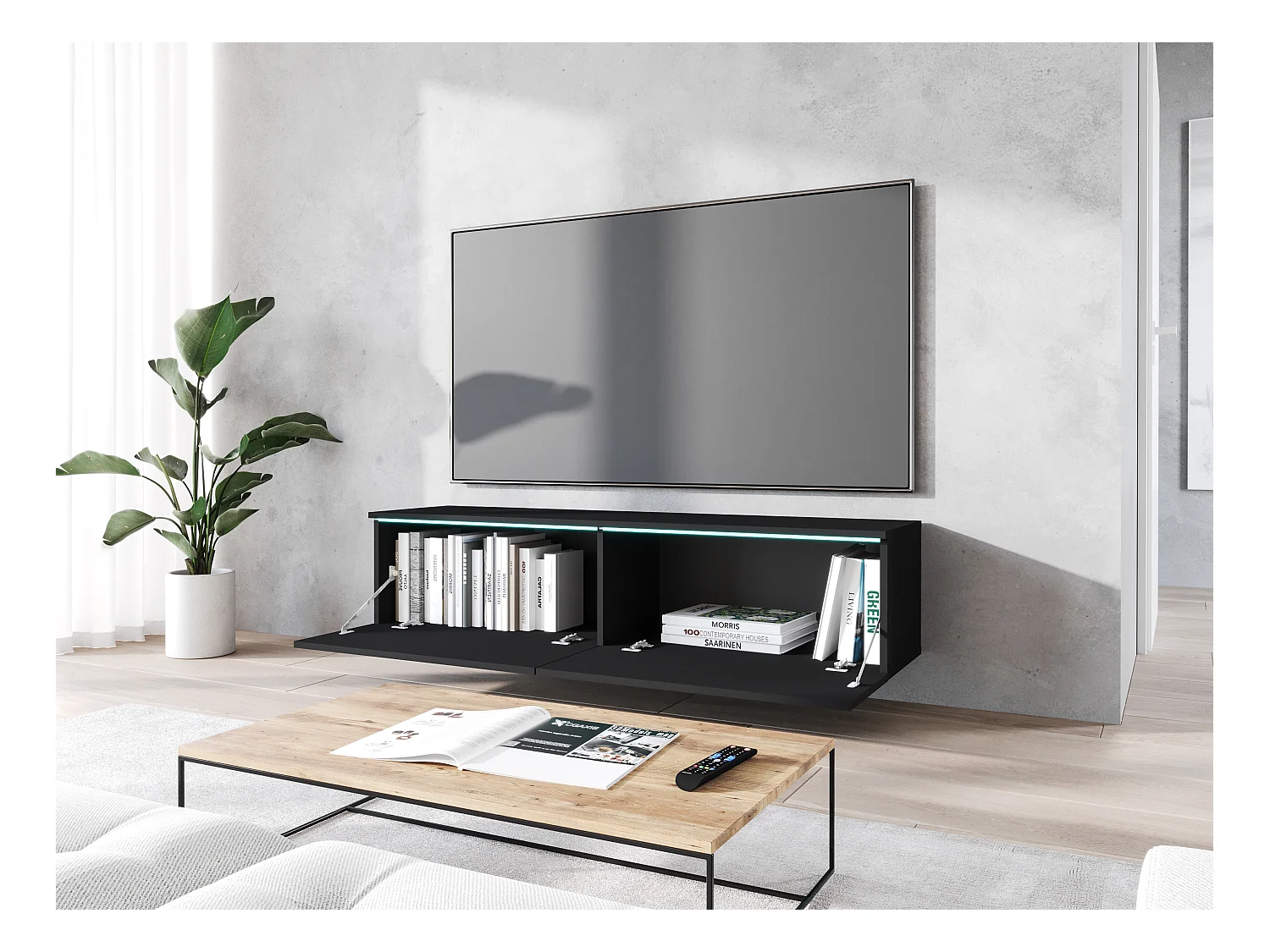 Meuble TV moderne 140 cm pour salon – 2 portes sans poignées, graphite noir mat, posé ou suspendu