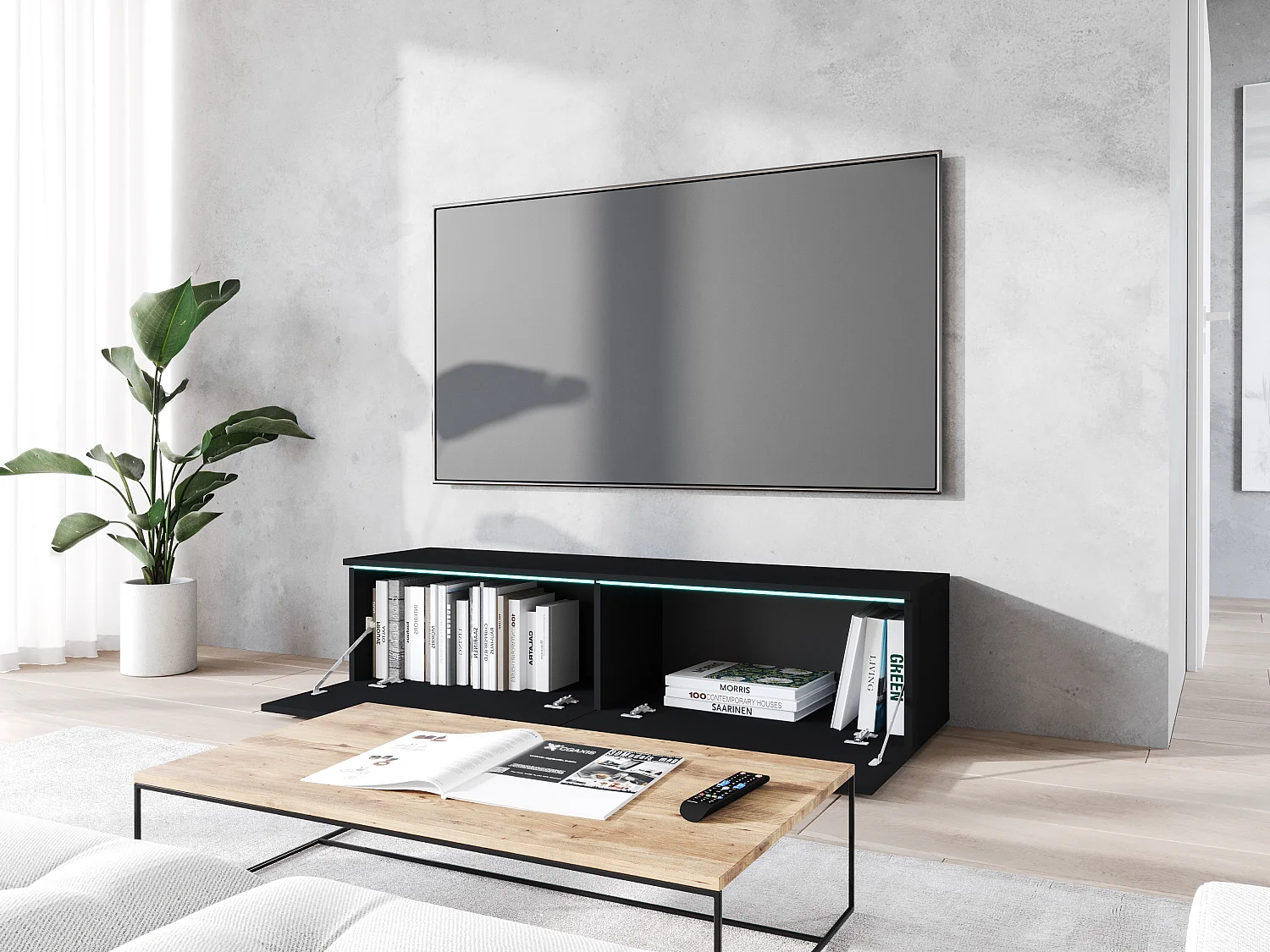 Nowoczesna szafka RTV 140 cm do salonu – 2-drzwiowa, bezuchwytowa, czarny grafit mat, stojąca lub wisząca