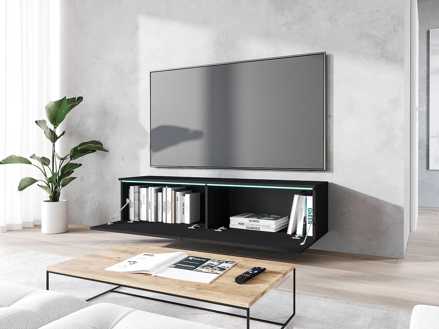 Nowoczesna szafka RTV 140 cm do salonu – 2-drzwiowa, bezuchwytowa, czarny grafit mat, stojąca lub wisząca