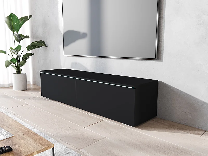 Móvel de TV moderno 140 cm para sala – 2 portas sem puxadores, grafite preto mate, de chão ou suspenso