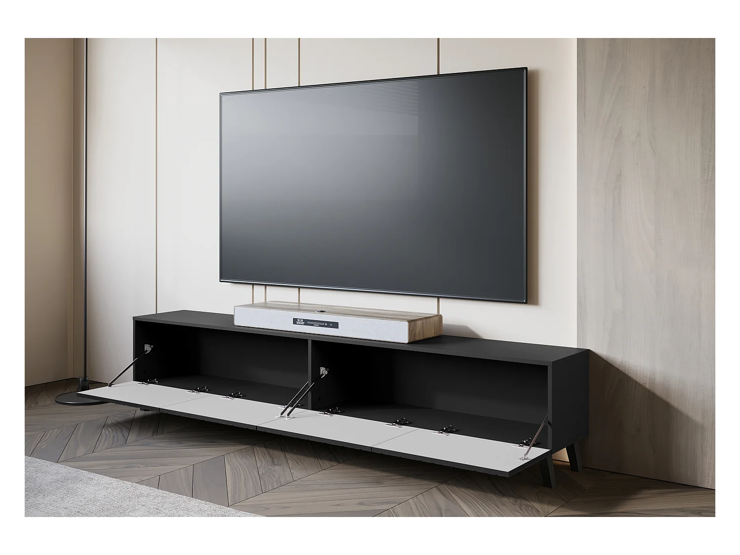 Moderne TV-kast 190 cm op poten voor de woonkamer, zwart grafiet mat, MDF-fronten met visgraatfrees