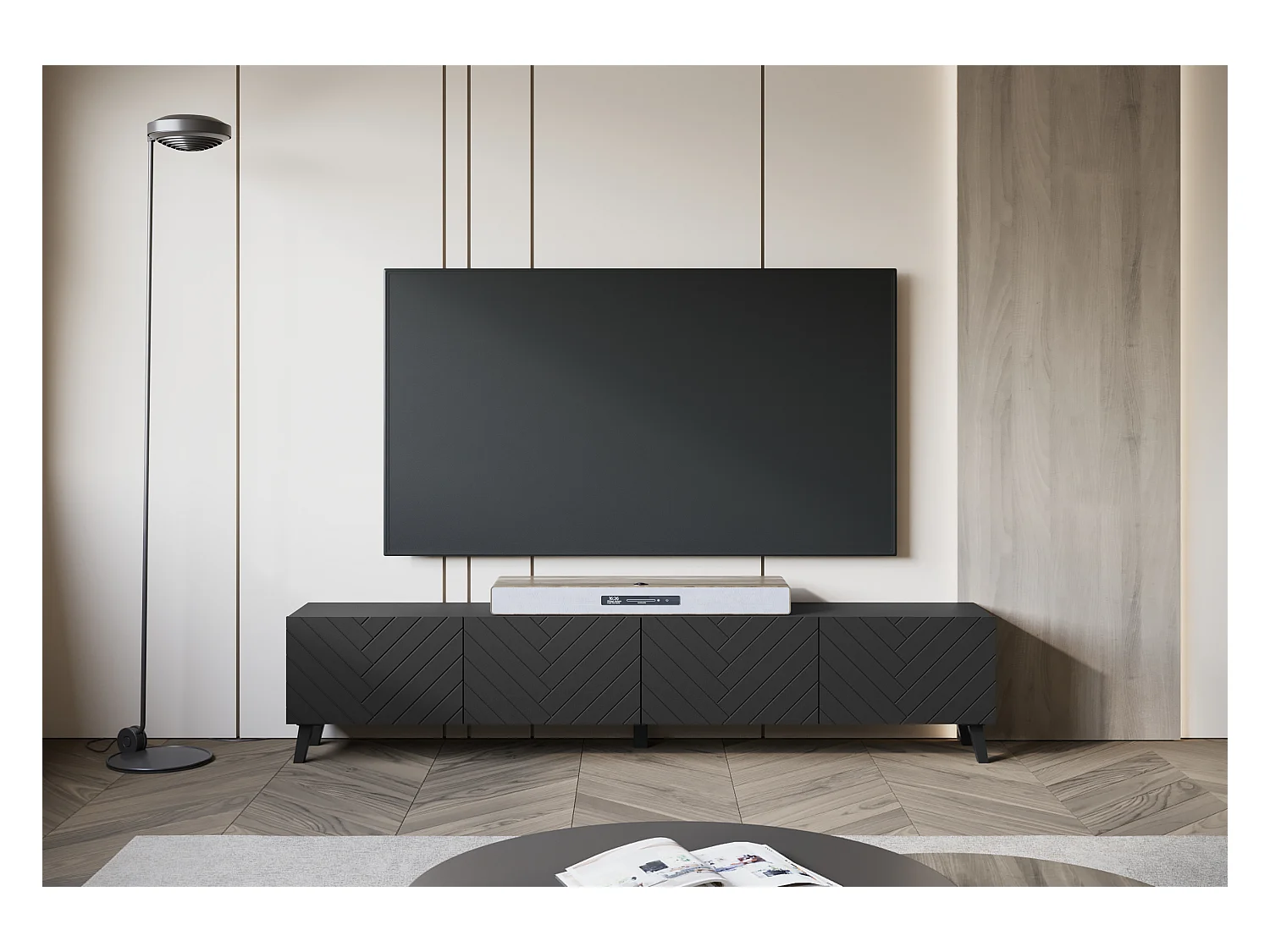 Moderne TV-kast 190 cm op poten voor de woonkamer, zwart grafiet mat, MDF-fronten met visgraatfrees