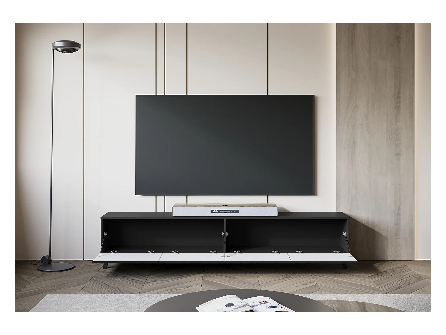 Moderne TV-kast 190 cm op poten voor de woonkamer, zwart grafiet mat, MDF-fronten met visgraatfrees