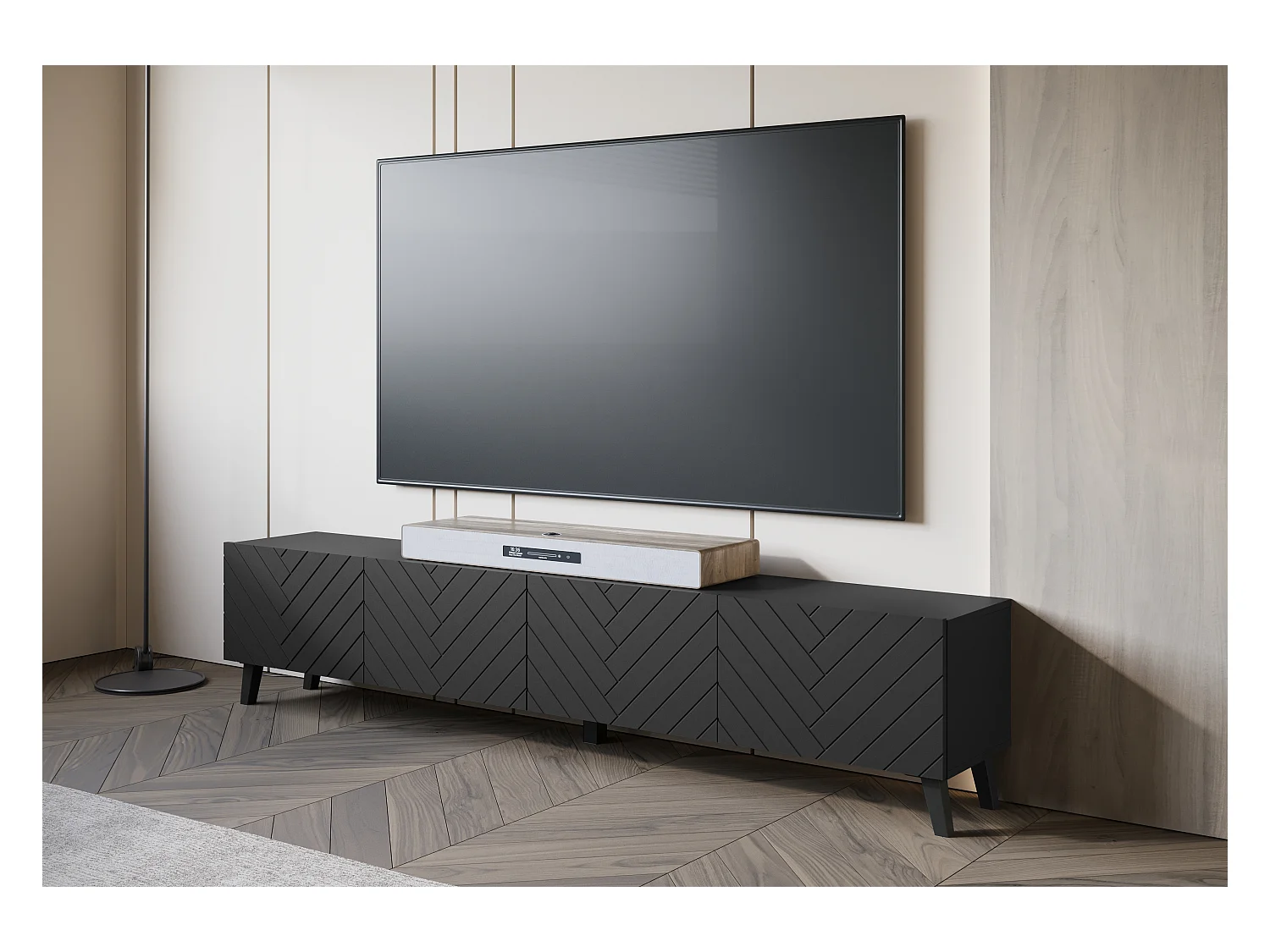 Meuble TV moderne 190 cm sur pieds pour salon, noir graphite mat, façades MDF rainurées en chevrons