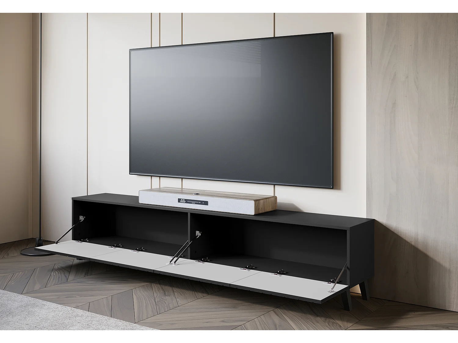 Móvel de TV moderno 190 cm com pés para sala de estar, grafite preto mate, frentes em MDF fresadas em espinha de peixe