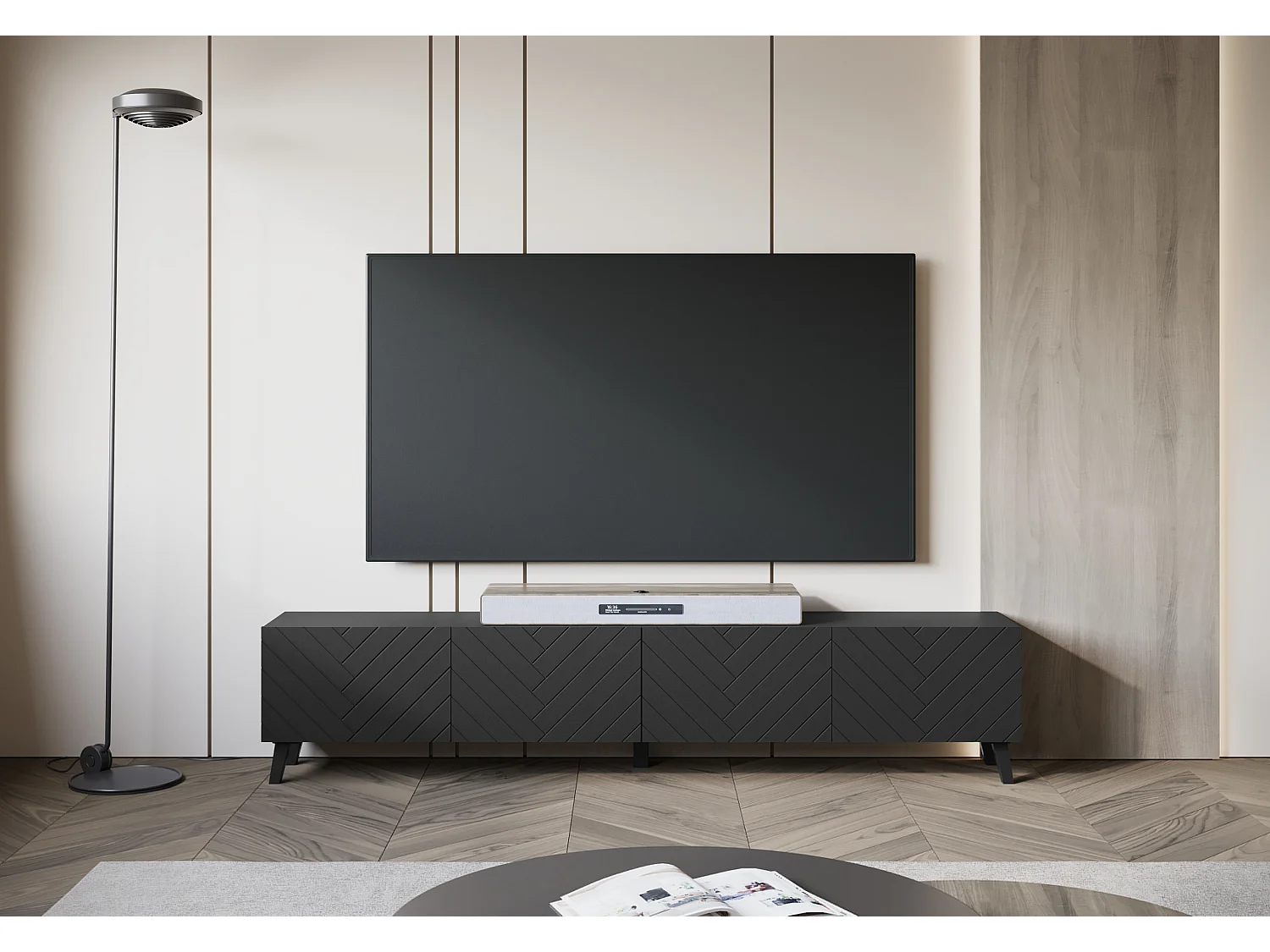 Móvel de TV moderno 190 cm com pés para sala de estar, grafite preto mate, frentes em MDF fresadas em espinha de peixe