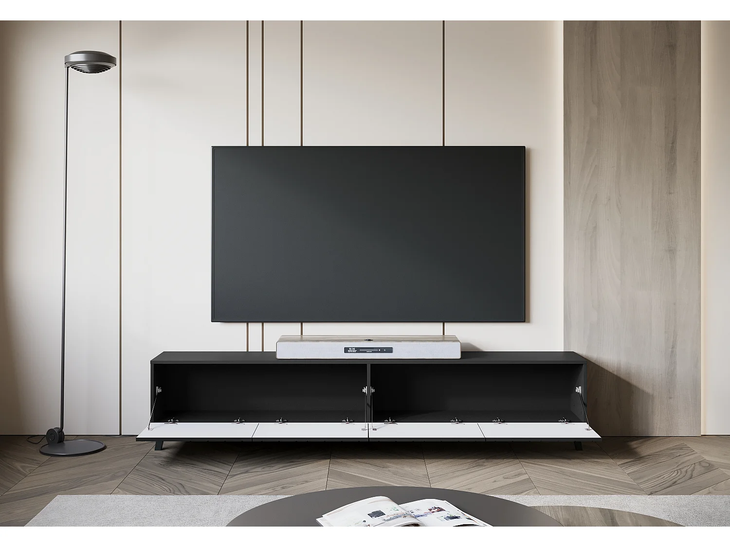 Móvel de TV moderno 190 cm com pés para sala de estar, grafite preto mate, frentes em MDF fresadas em espinha de peixe