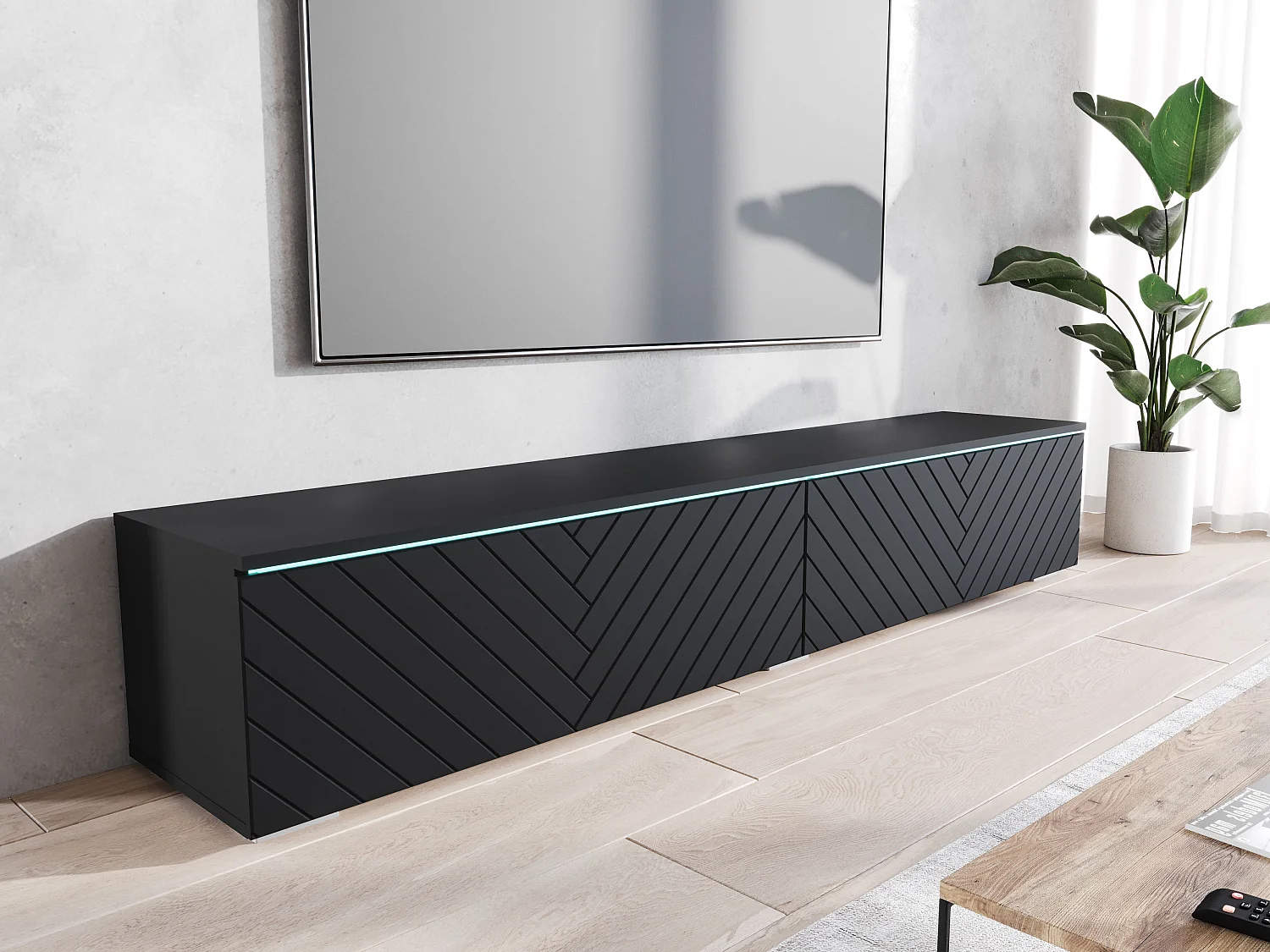 TV-Lowboard D 180 cm, Fernsehschrank, Wohnzimmermöbel, ohne LED-Beleuchtung, Farbe Schwarz Fischgrätenmuster