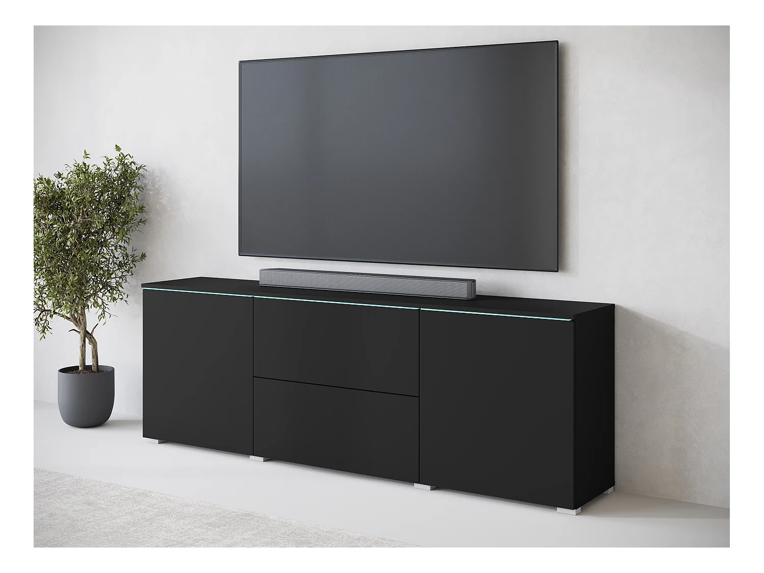Meuble TV bas moderne 180 cm – meuble TV haut avec tiroirs et étagères, noir mat