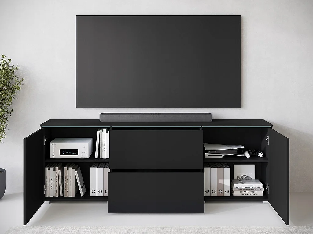 Meuble TV bas moderne 180 cm – meuble TV haut avec tiroirs et étagères, noir mat