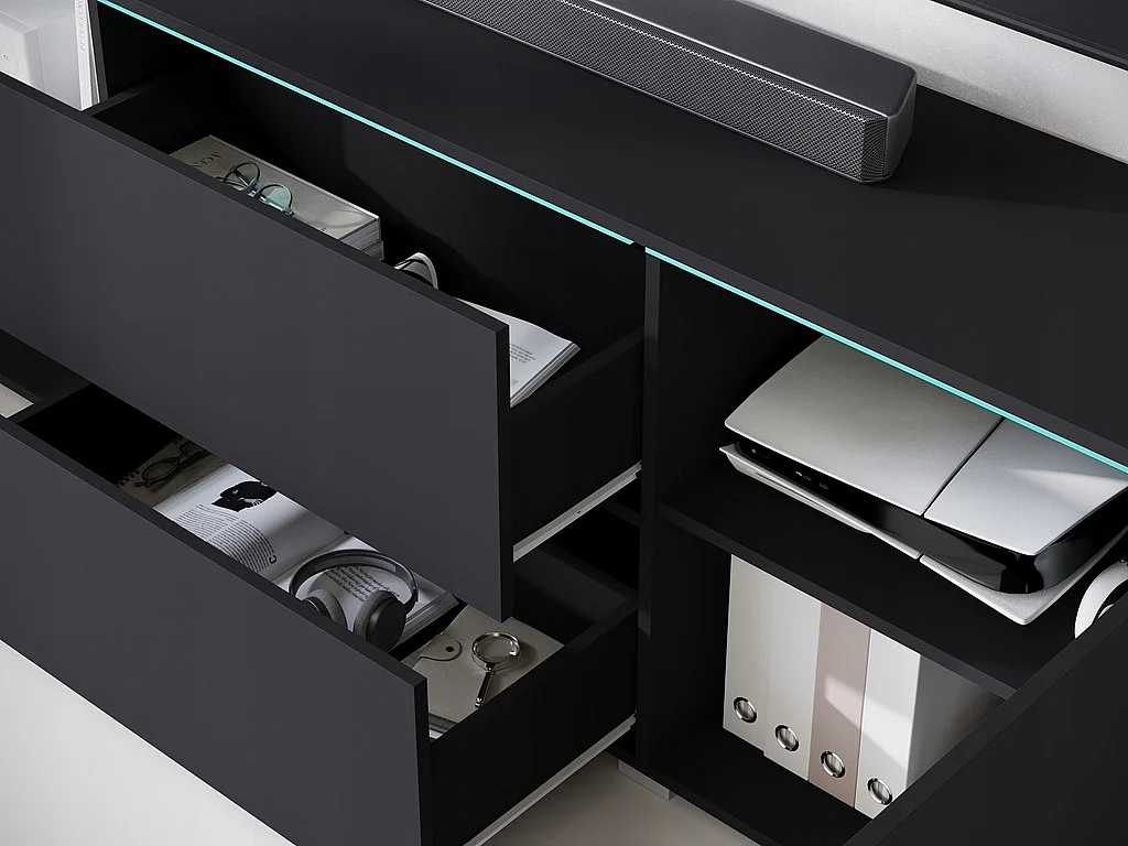 Meuble TV bas moderne 180 cm – meuble TV haut avec tiroirs et étagères, noir mat