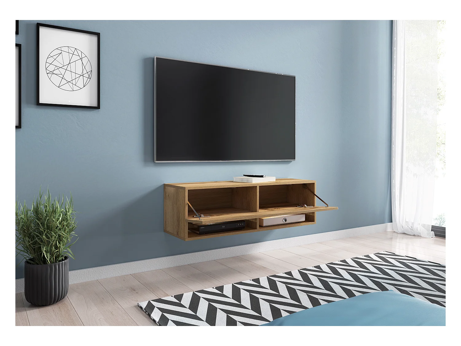 Moderne TV-kast 100 cm – greeploos, staand of hangend, 1 klep, 2 open vakken, kleur wotan eiken mat