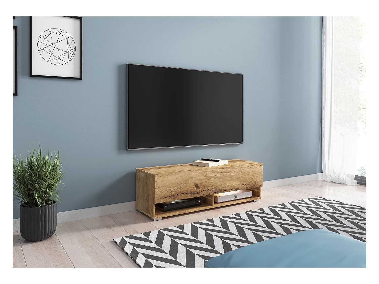 Moderne TV-kast 100 cm – greeploos, staand of hangend, 1 klep, 2 open vakken, kleur wotan eiken mat