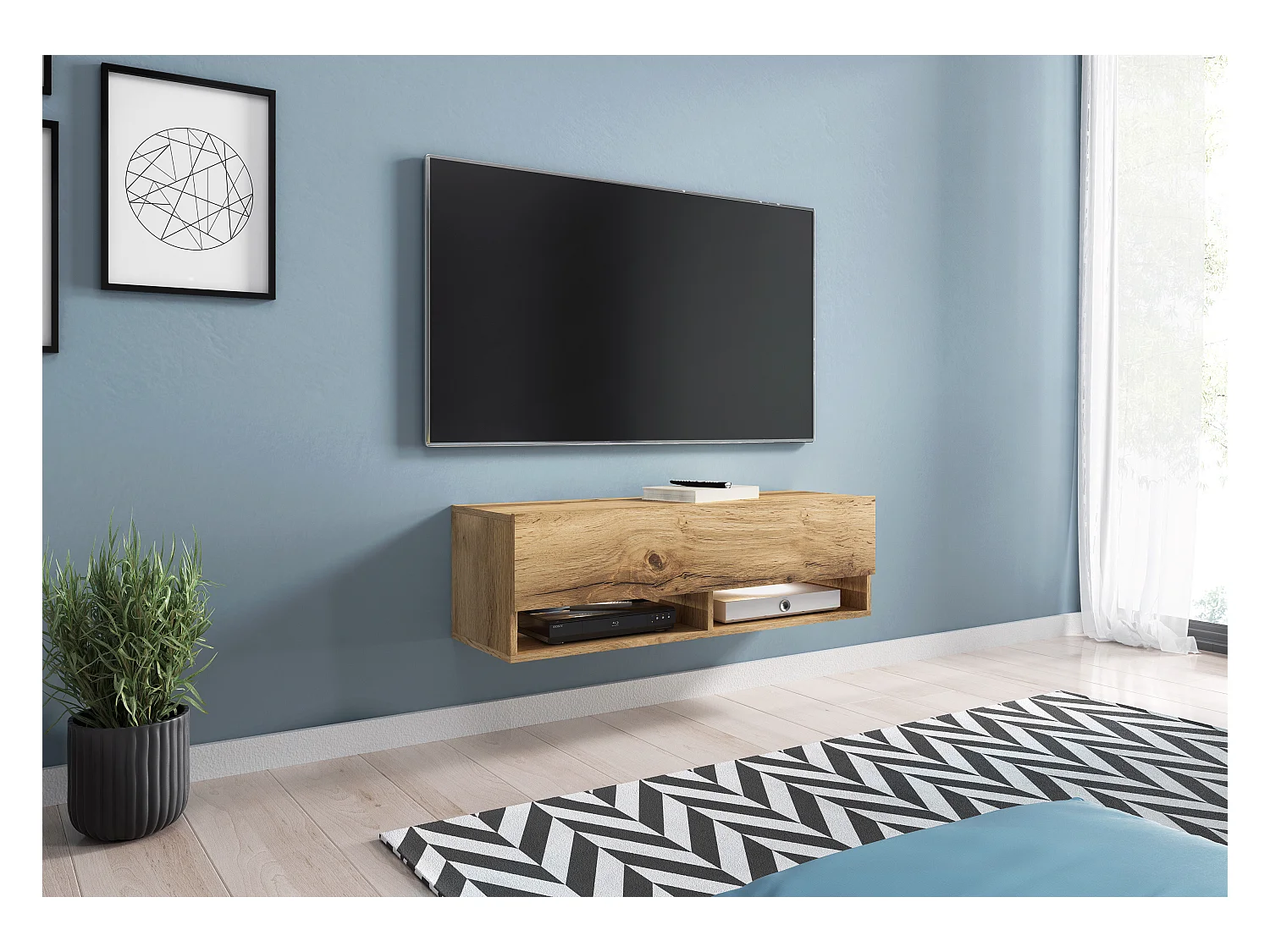 Meuble TV moderne 100 cm – sans poignées, posé ou suspendu, 1 abattant, 2 niches, couleur chêne wotan mat