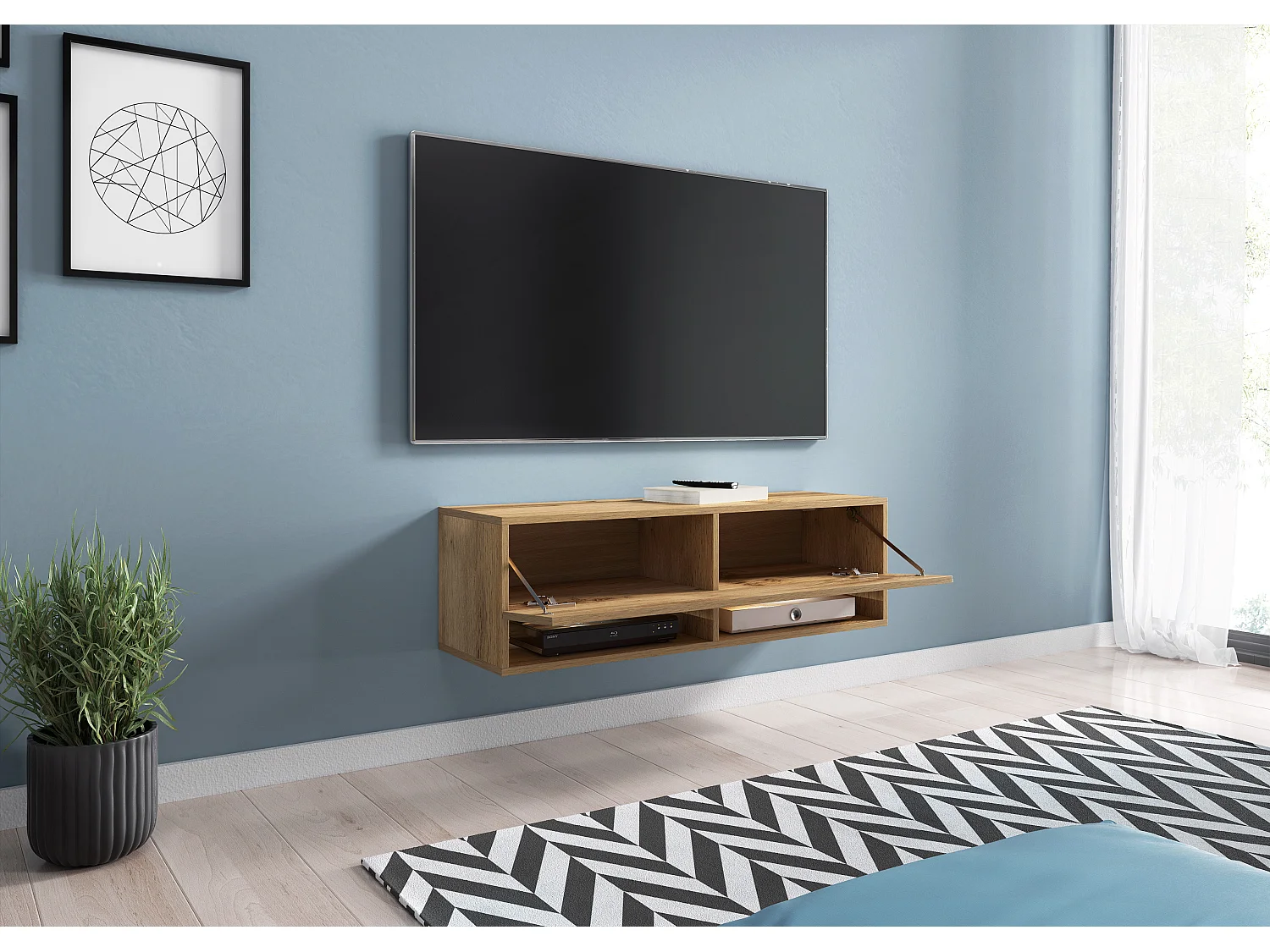 Meuble TV moderne 100 cm – sans poignées, posé ou suspendu, 1 abattant, 2 niches, couleur chêne wotan mat