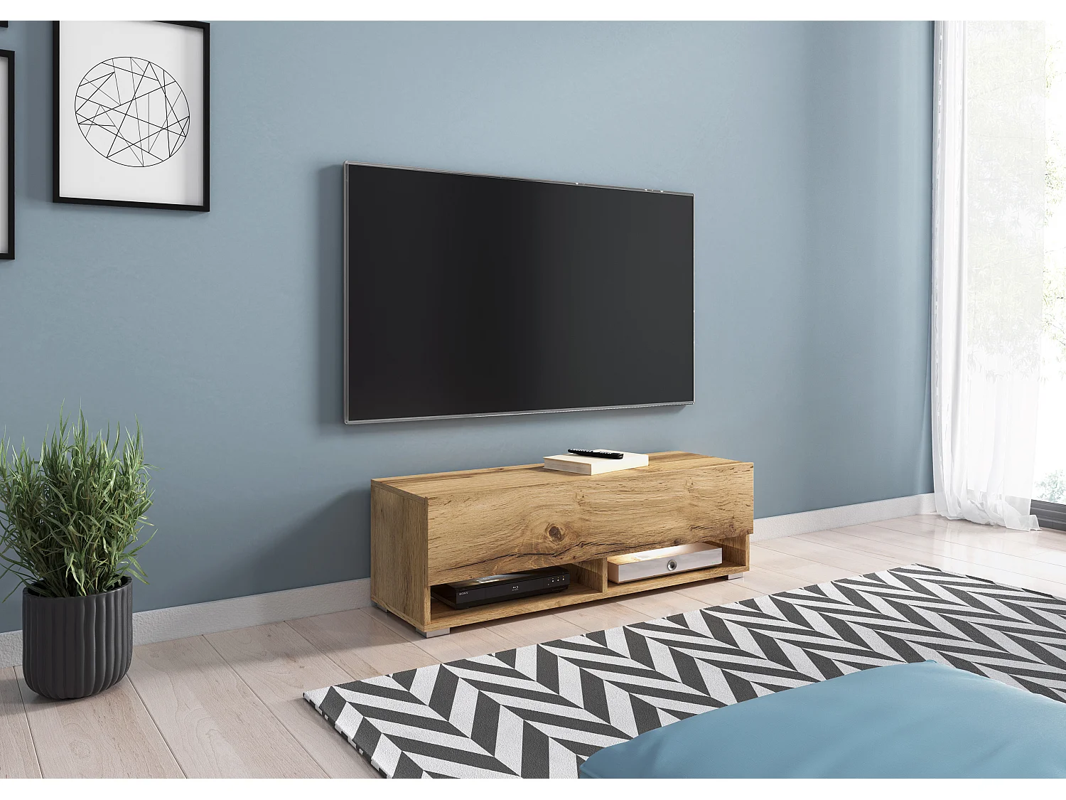 Meuble TV moderne 100 cm – sans poignées, posé ou suspendu, 1 abattant, 2 niches, couleur chêne wotan mat