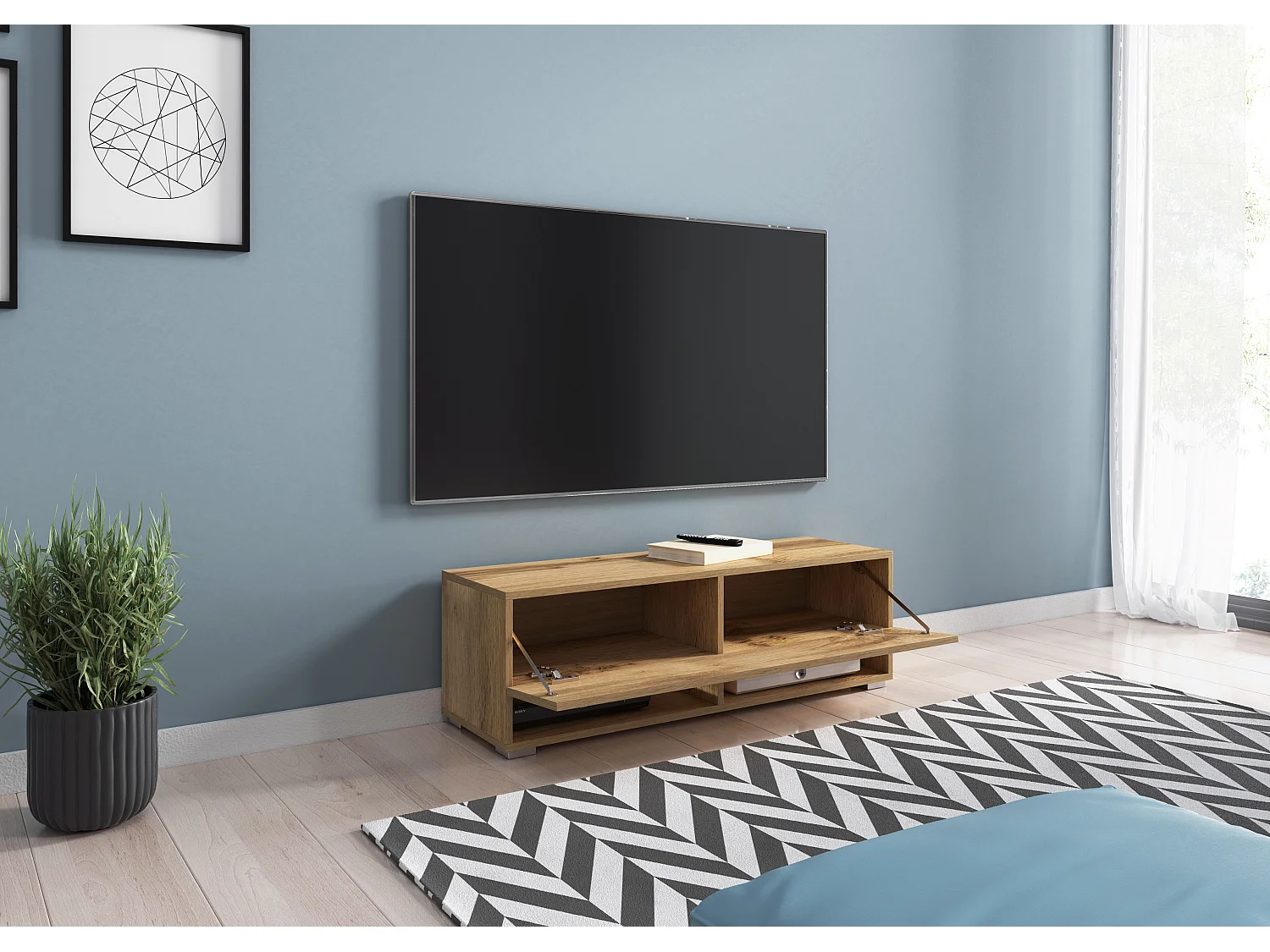 Meuble TV moderne 100 cm – sans poignées, posé ou suspendu, 1 abattant, 2 niches, couleur chêne wotan mat