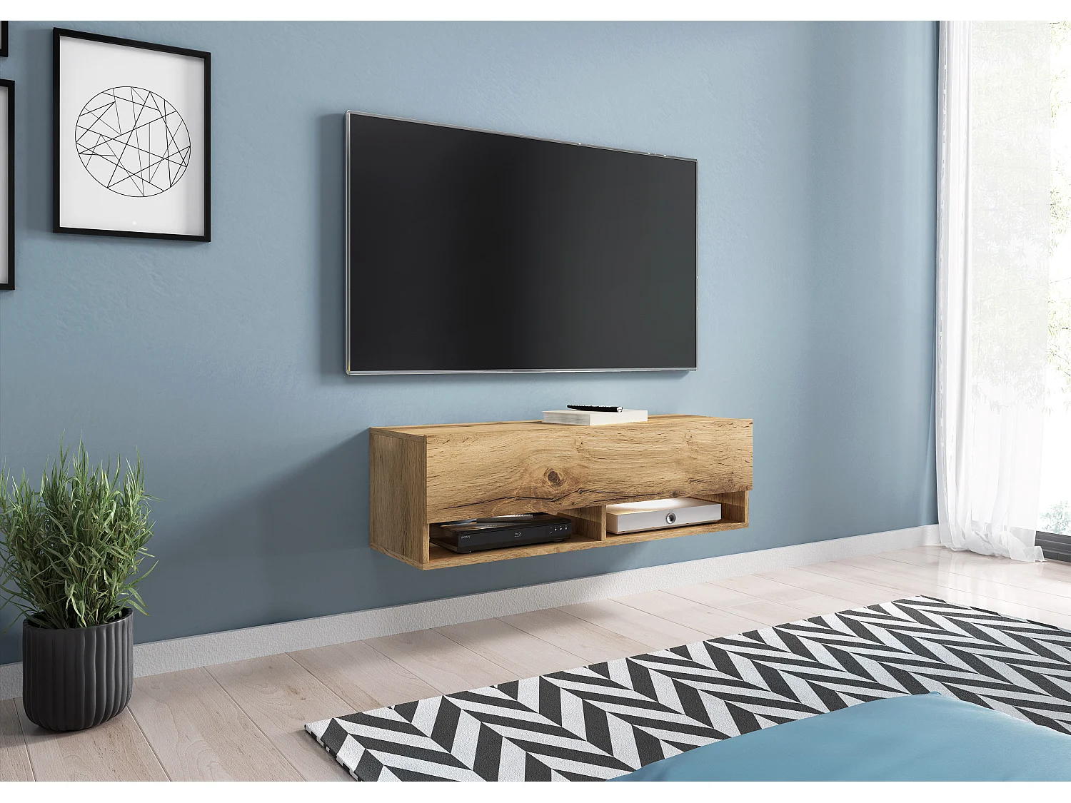 Meuble TV moderne 100 cm – sans poignées, posé ou suspendu, 1 abattant, 2 niches, couleur chêne wotan mat