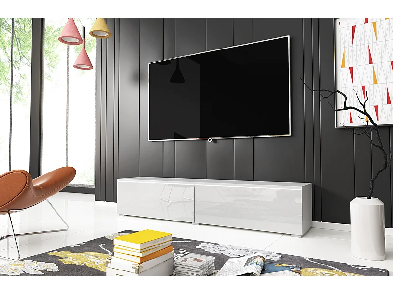 Móvel de TV moderno 140 cm para sala – 2 portas sem puxadores, corpo branco mate / frentes branco brilho, de chão ou suspenso